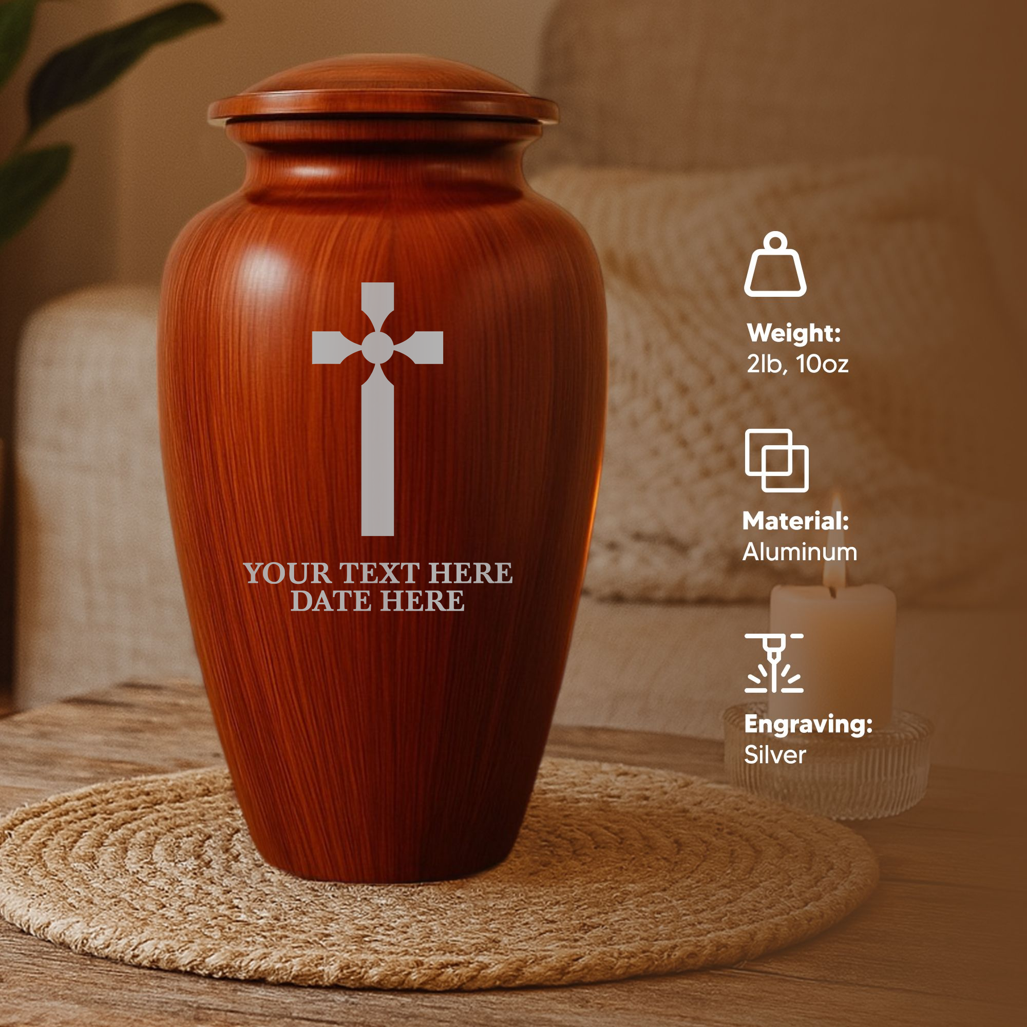 Human Cremation Urn - 200 Cubic Inch - Ingrained Wood Style Finish | Cross Design Collection