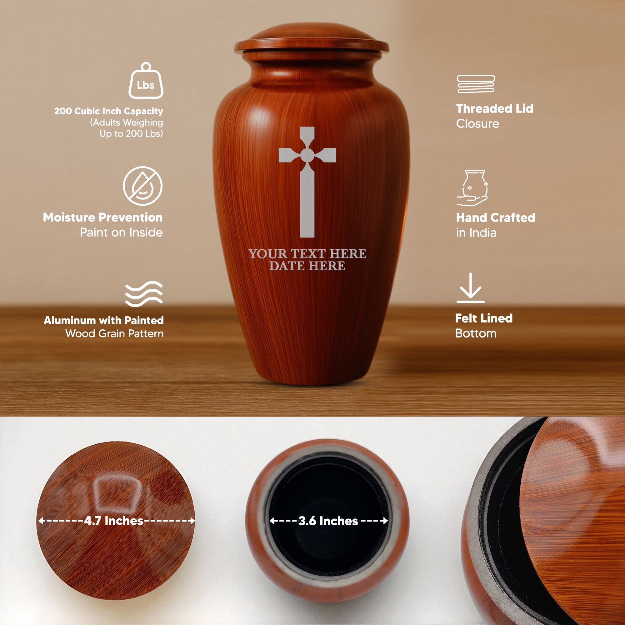 Human Cremation Urn - 200 Cubic Inch - Ingrained Wood Style Finish | Cross Design Collection