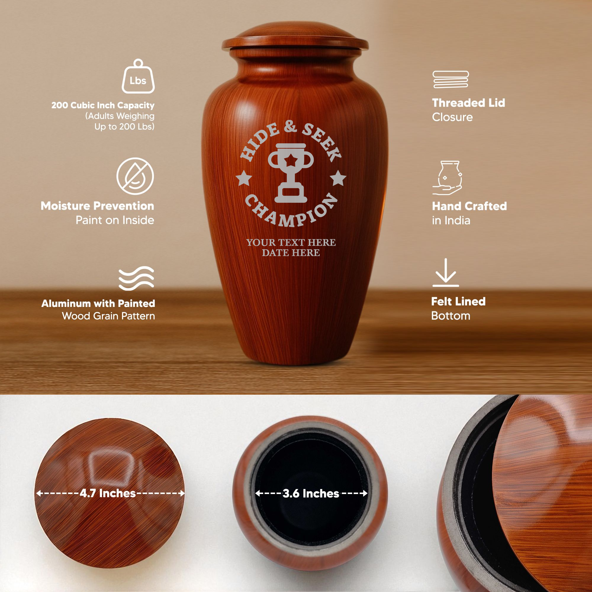 Human Cremation Urn - 200 Cubic Inch - Ingrained Wood Style Finish | Afterlife Humor