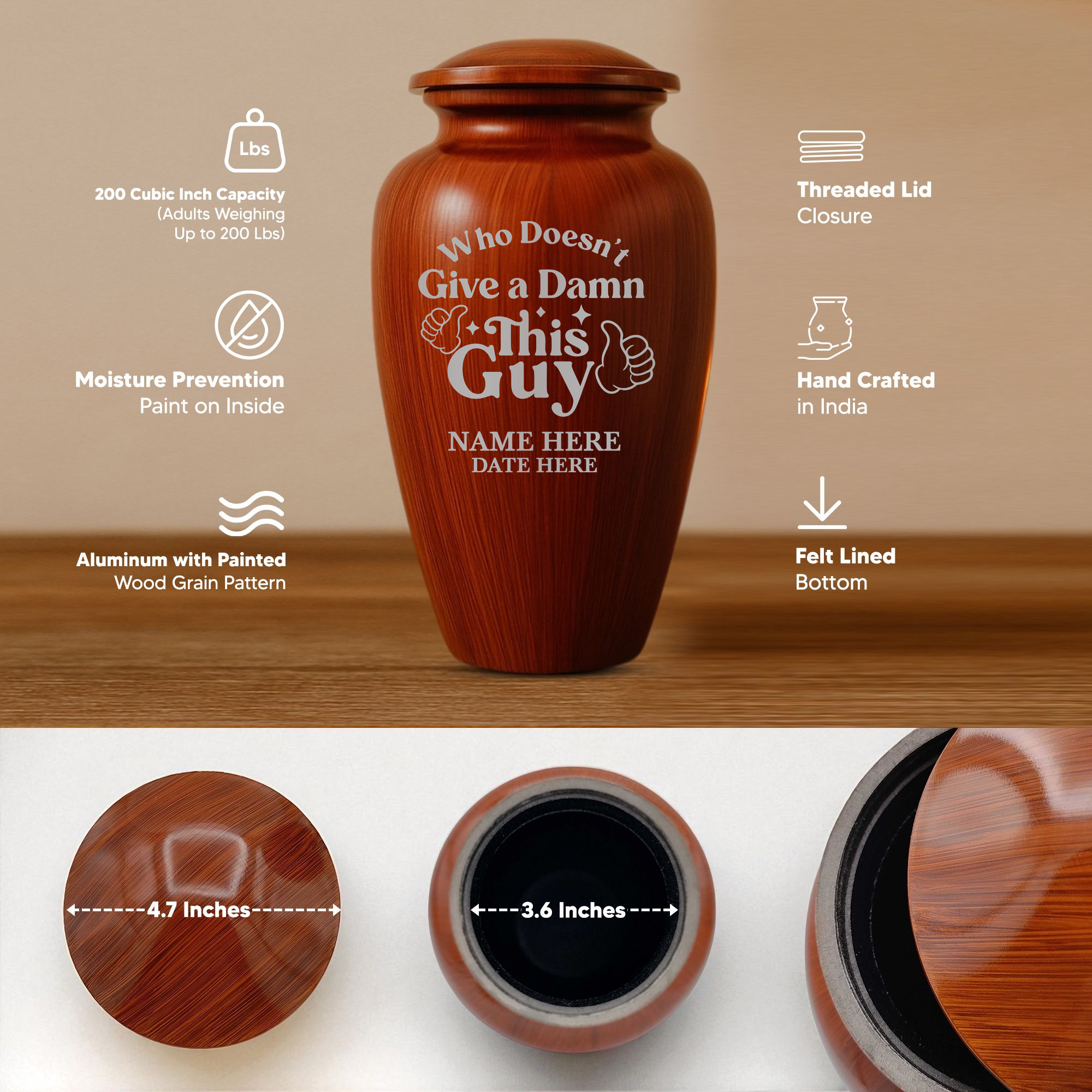 Human Cremation Urn - 200 Cubic Inch - Ingrained Wood Style Finish | Dark Humor