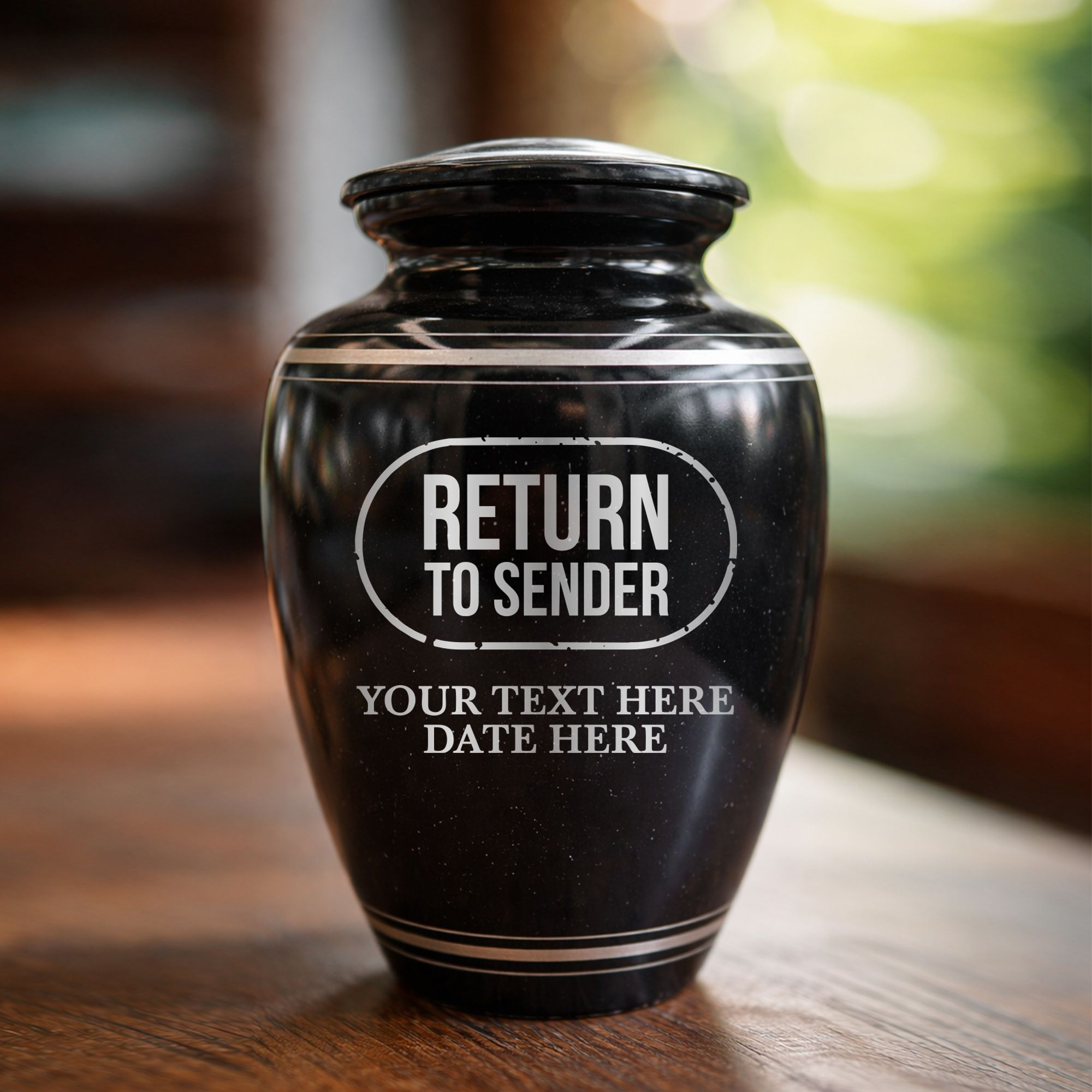 Extra Large Human Cremation Urn - 350 Cubic Inch - Black Spotted Finish with Silver Rim | Office Humor