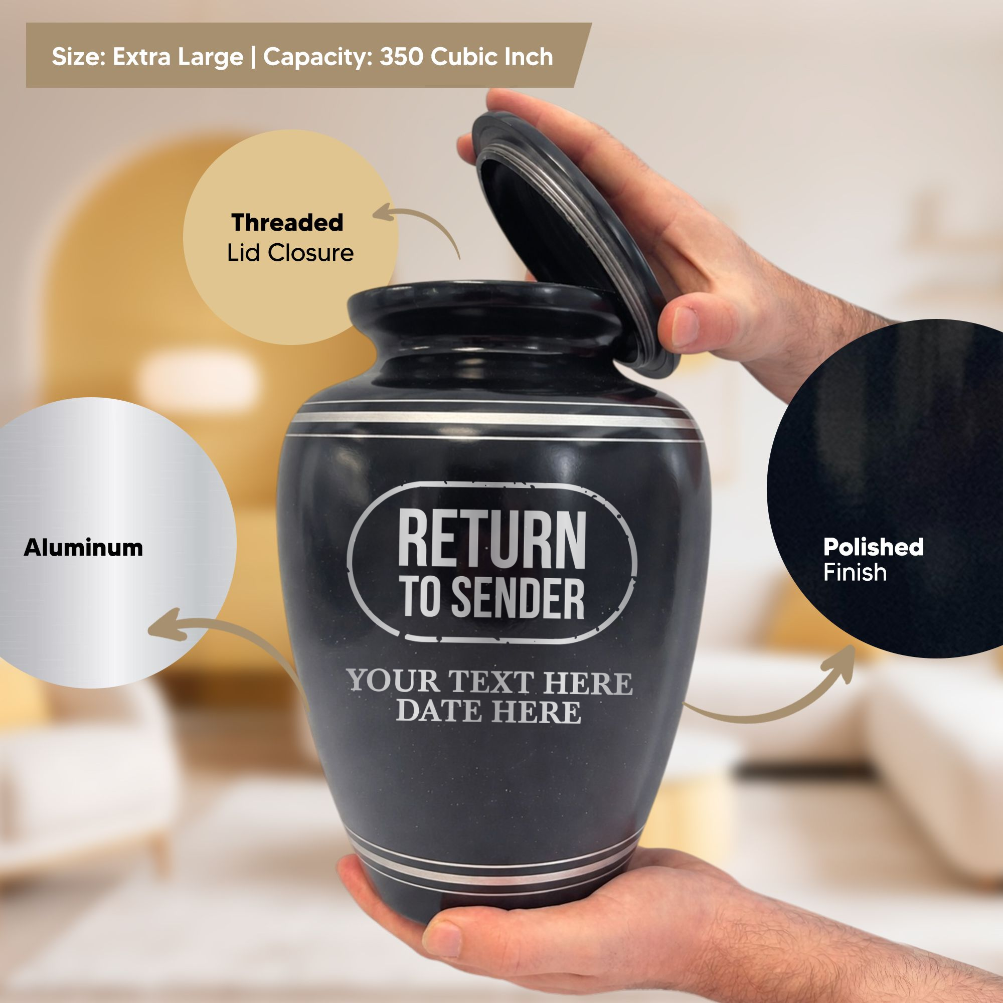 Extra Large Human Cremation Urn - 350 Cubic Inch - Black Spotted Finish with Silver Rim | Office Humor