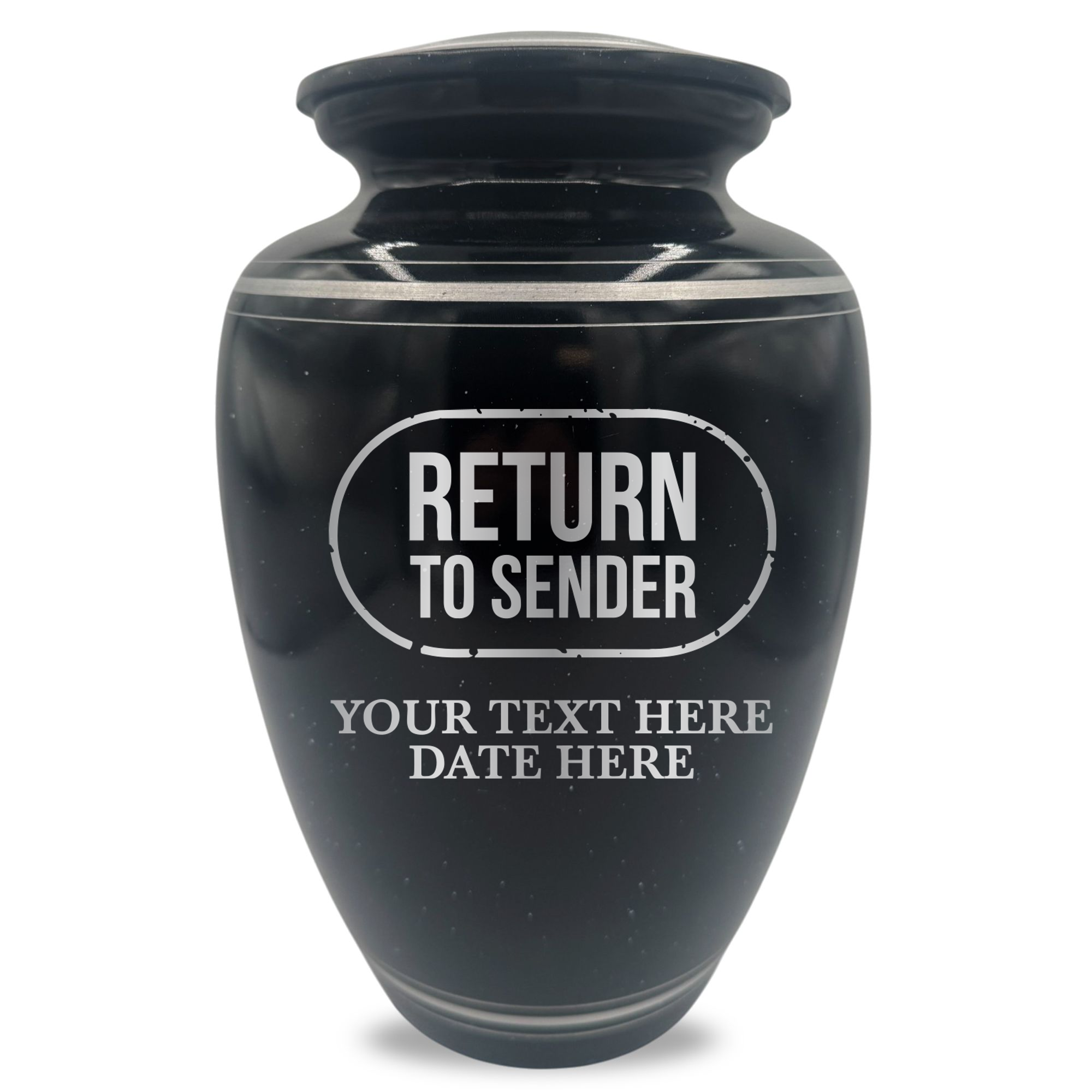 Extra Large Human Cremation Urn - 350 Cubic Inch - Black Spotted Finish with Silver Rim | Office Humor