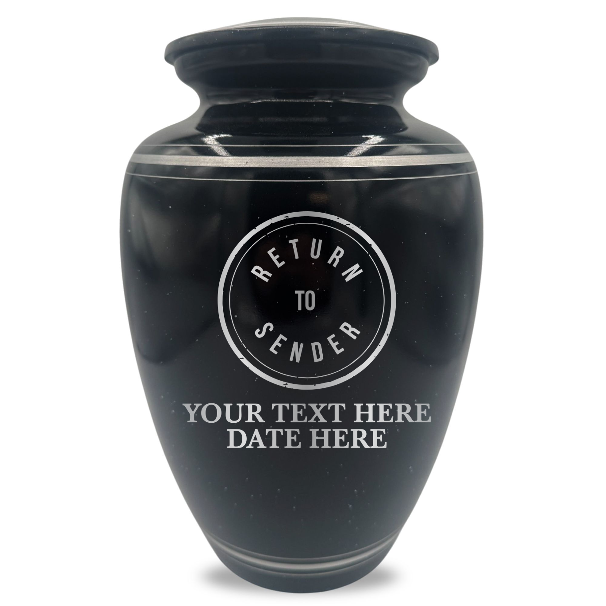 Extra Large Human Cremation Urn - 350 Cubic Inch - Black Spotted Finish with Silver Rim | Office Humor
