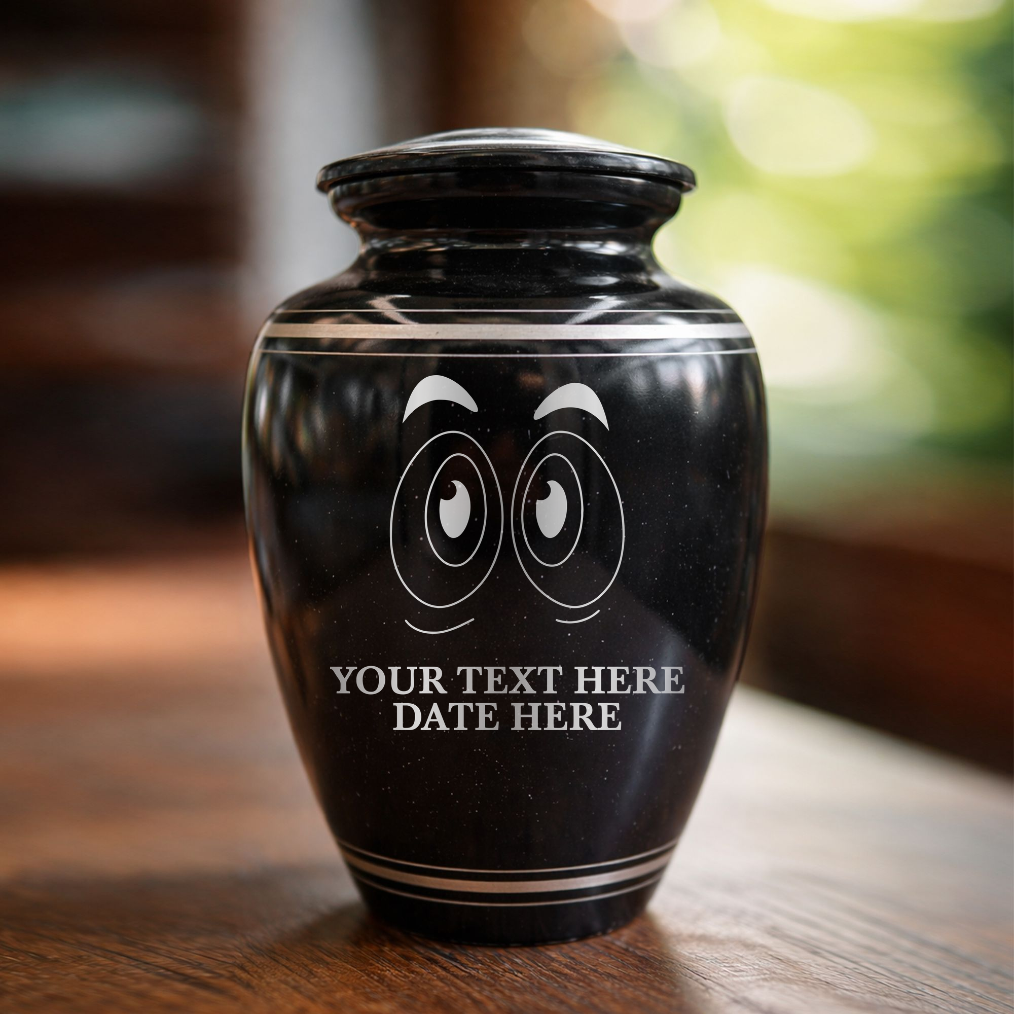 Extra Large Human Cremation Urn - 350 Cubic Inch - Black Spotted Finish with Silver Rim | Funny Eyes