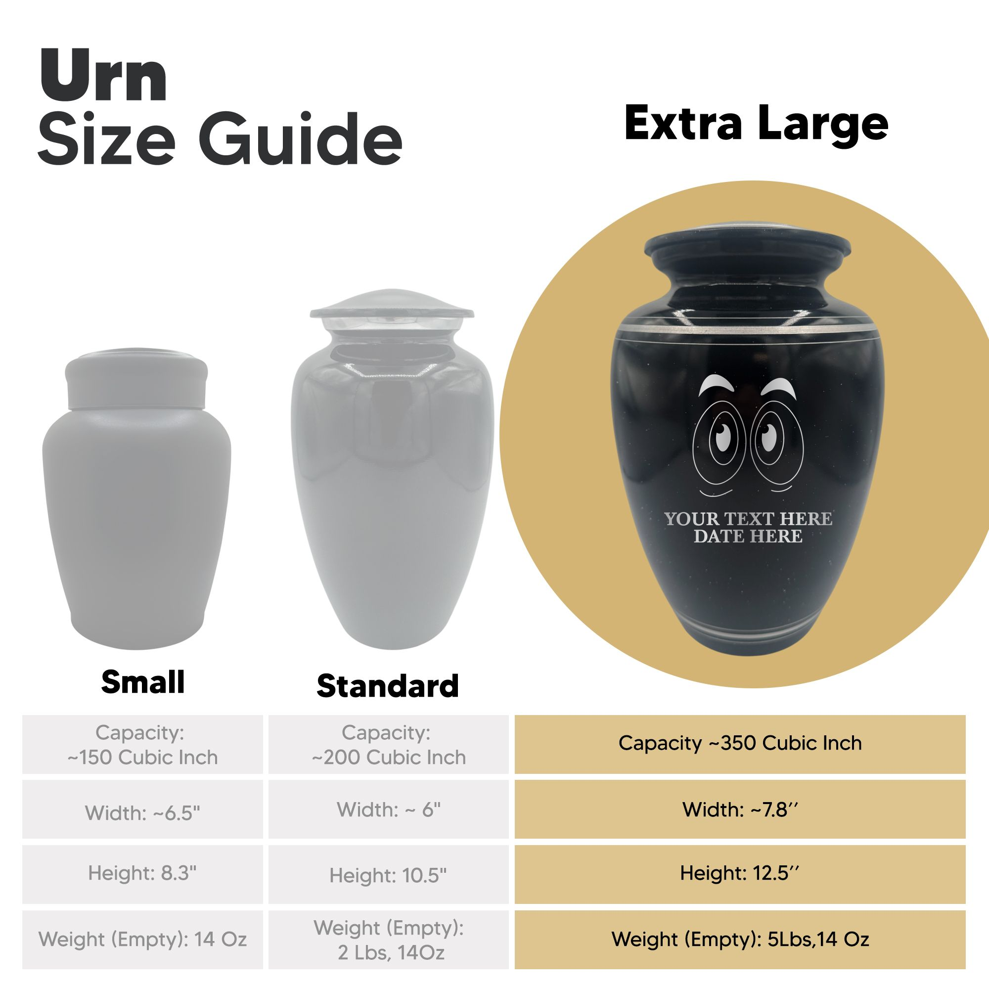 Extra Large Human Cremation Urn - 350 Cubic Inch - Black Spotted Finish with Silver Rim | Funny Eyes
