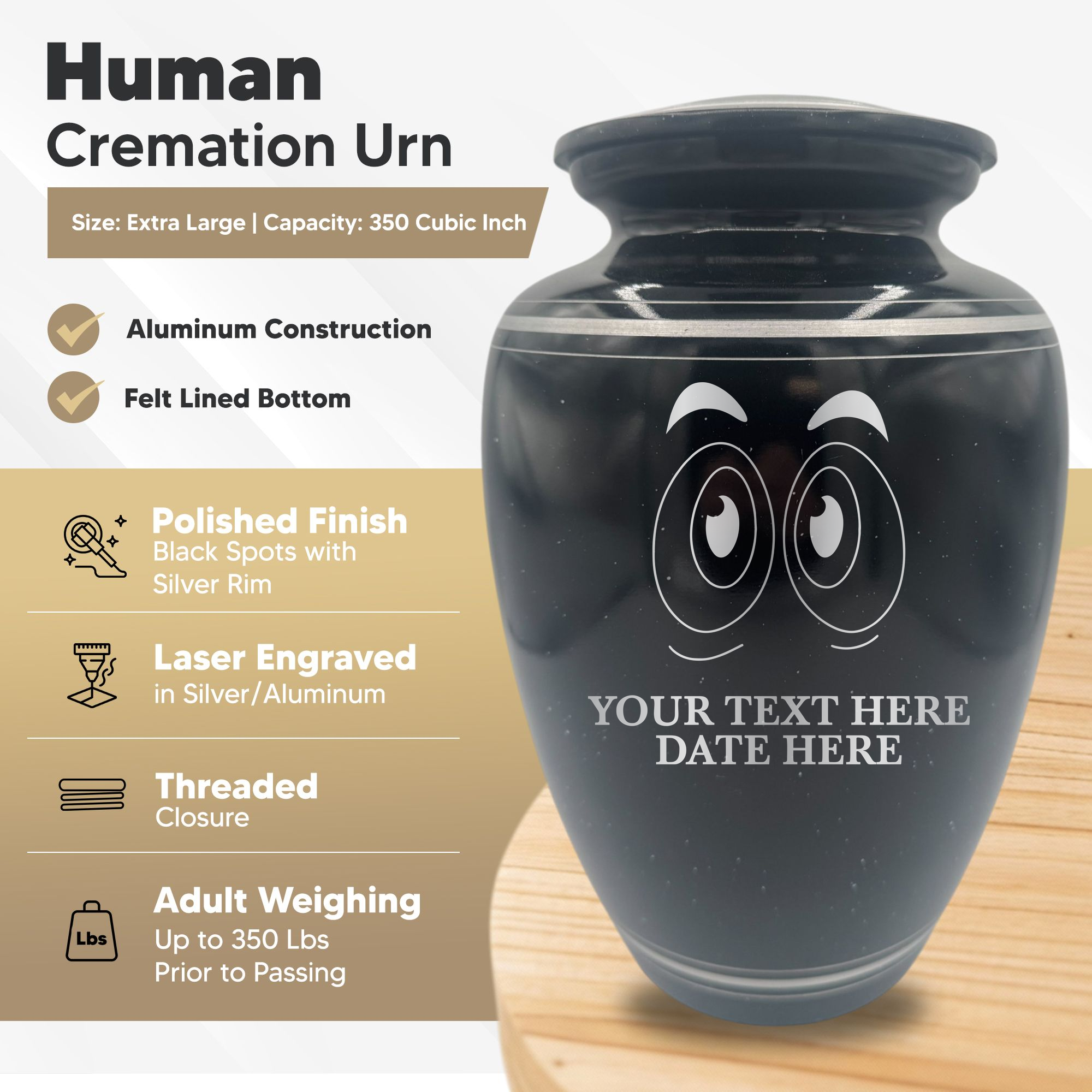 Extra Large Human Cremation Urn - 350 Cubic Inch - Black Spotted Finish with Silver Rim | Funny Eyes