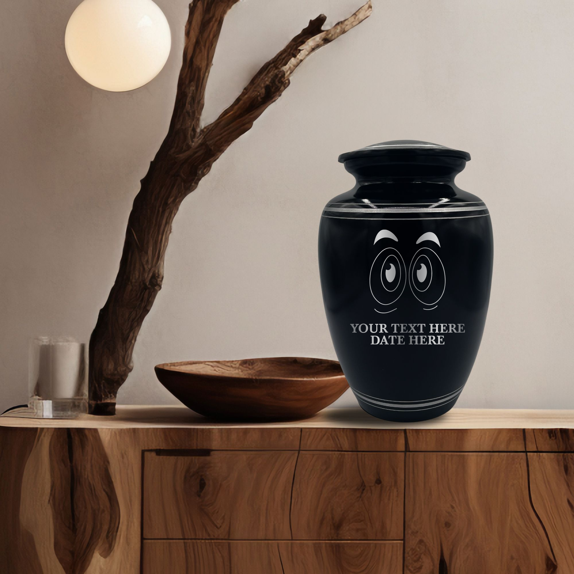 Human Cremation Urn - 350 Cubic Inch Capacity - Black with Silver Rim | Funny Eyes