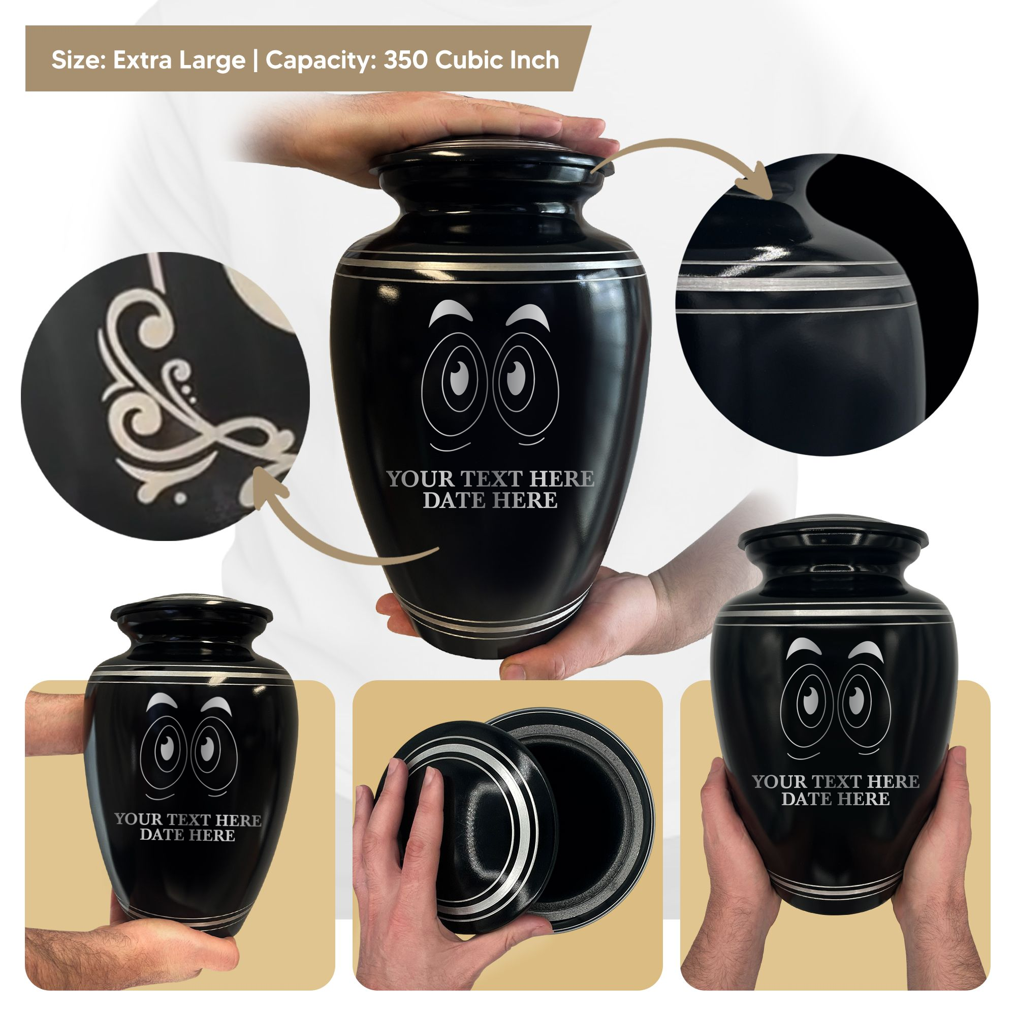 Human Cremation Urn - 350 Cubic Inch Capacity - Black with Silver Rim | Funny Eyes
