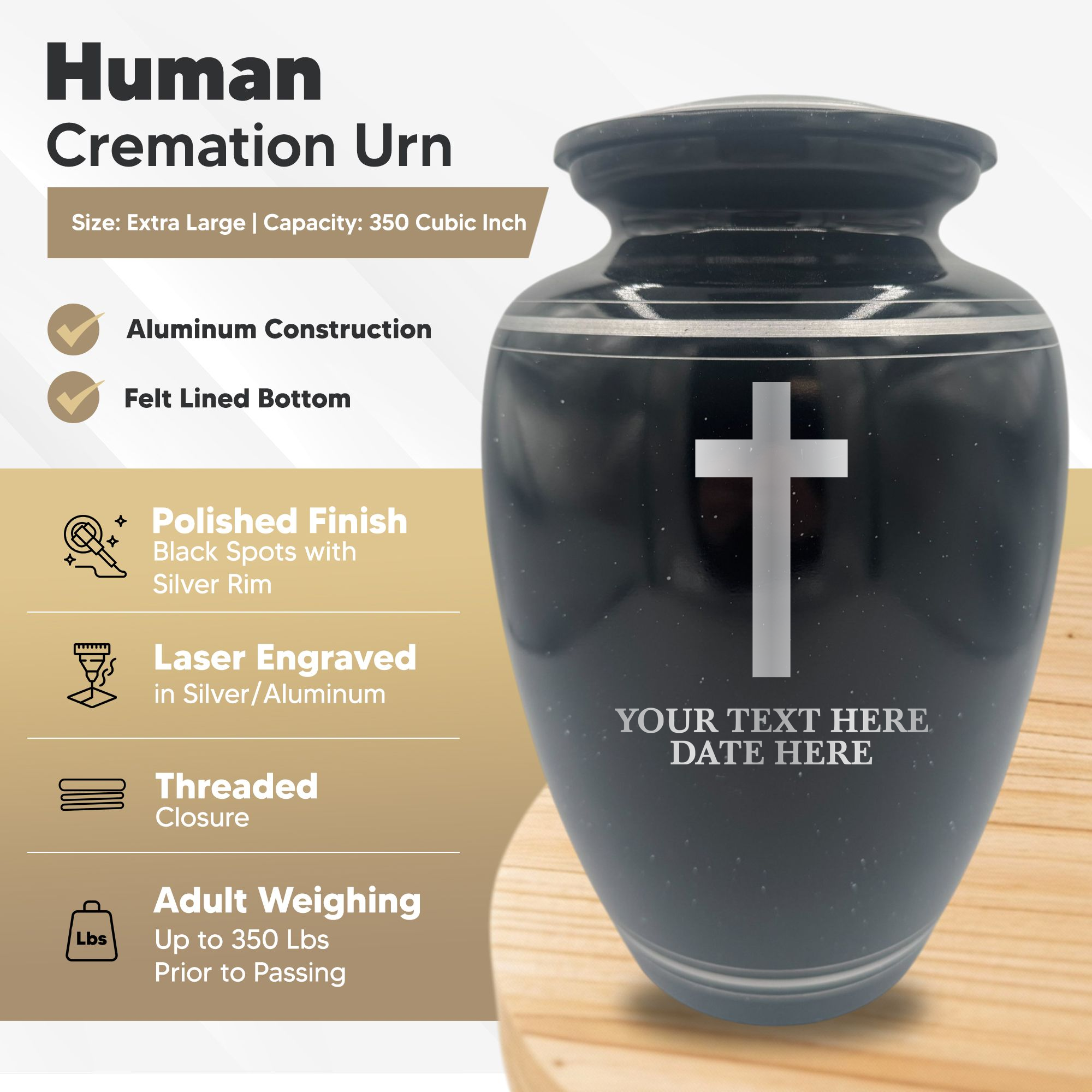 Extra Large Human Cremation Urn - 350 Cubic Inch - Black Spotted Finish with Silver Rim | Cross Design Collection 1