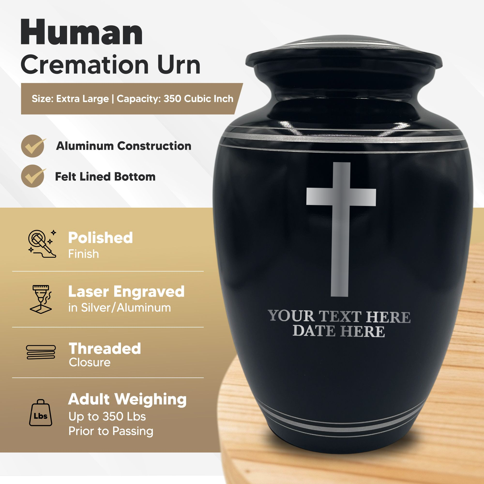 Human Cremation Urn - 350 Cubic Inch Capacity - Black with Silver Rim | Cross Design Collection 1