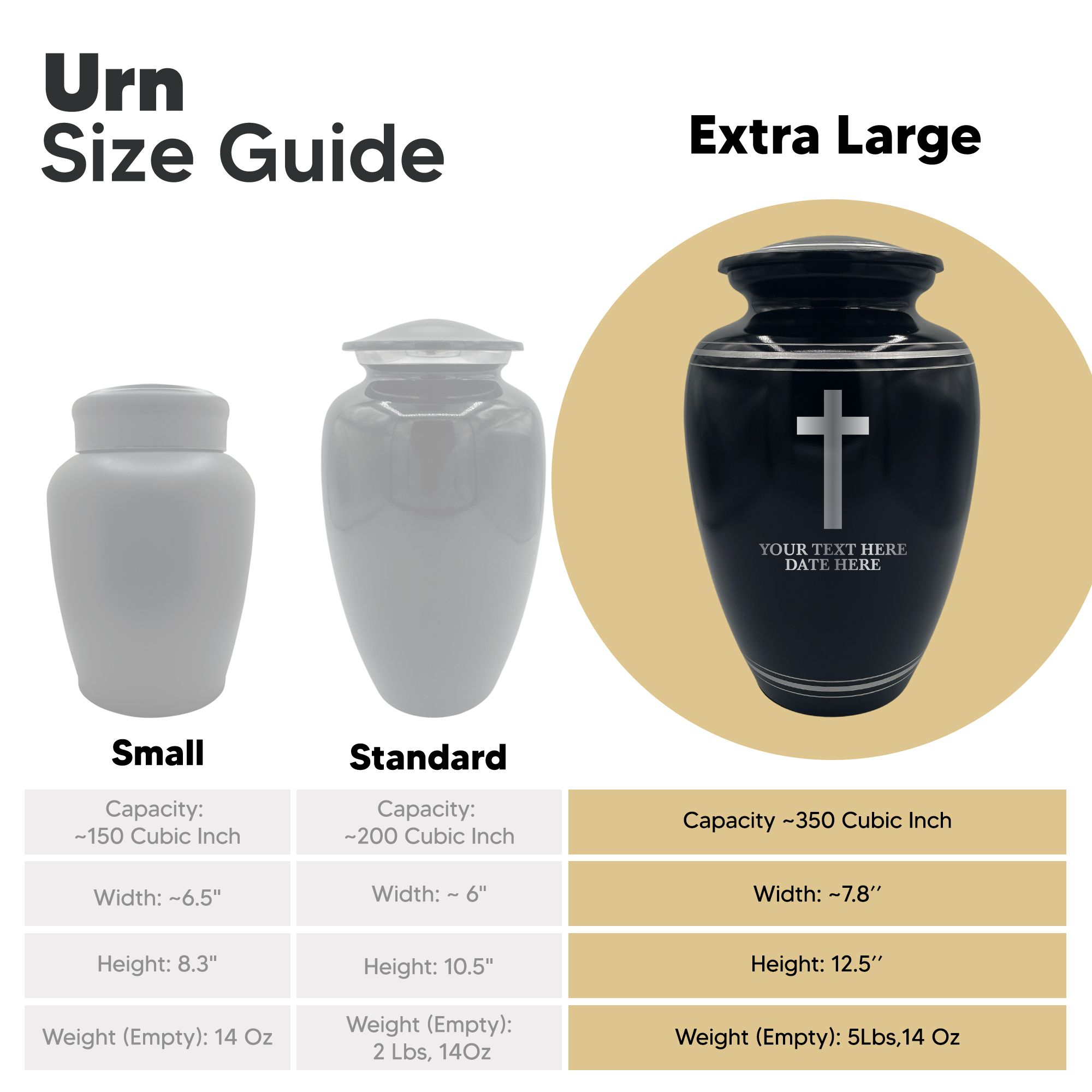Human Cremation Urn - 350 Cubic Inch Capacity - Black with Silver Rim | Cross Design Collection 1