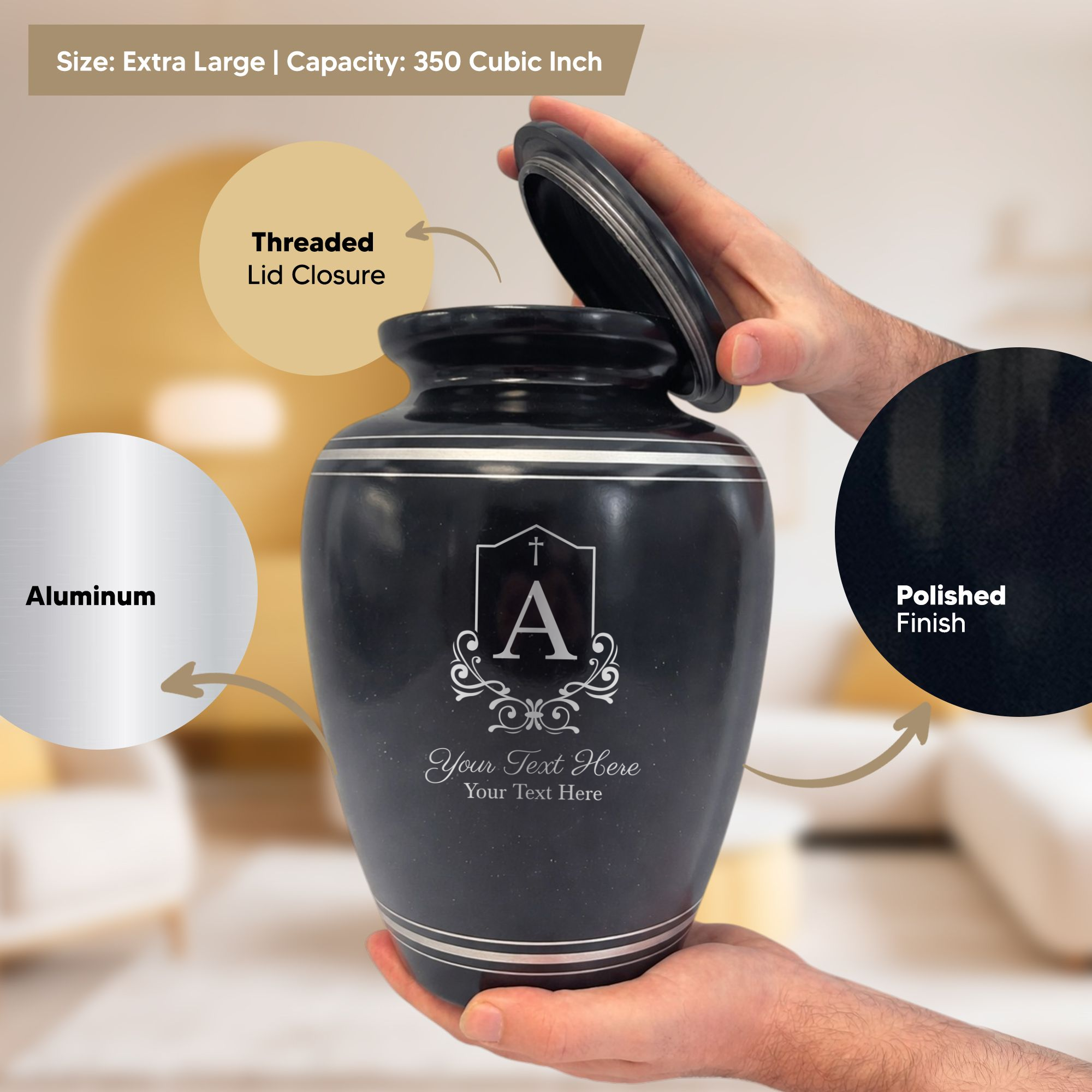 Extra Large Human Cremation Urn - 350 Cubic Inch - Black Spotted Finish with Silver Rim | Headstone Memorial
