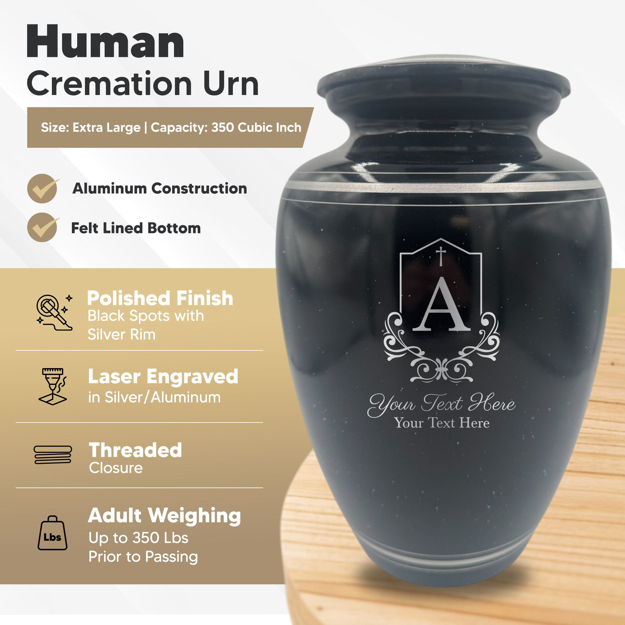 Extra Large Human Cremation Urn - 350 Cubic Inch - Black Spotted Finish with Silver Rim | Headstone Memorial