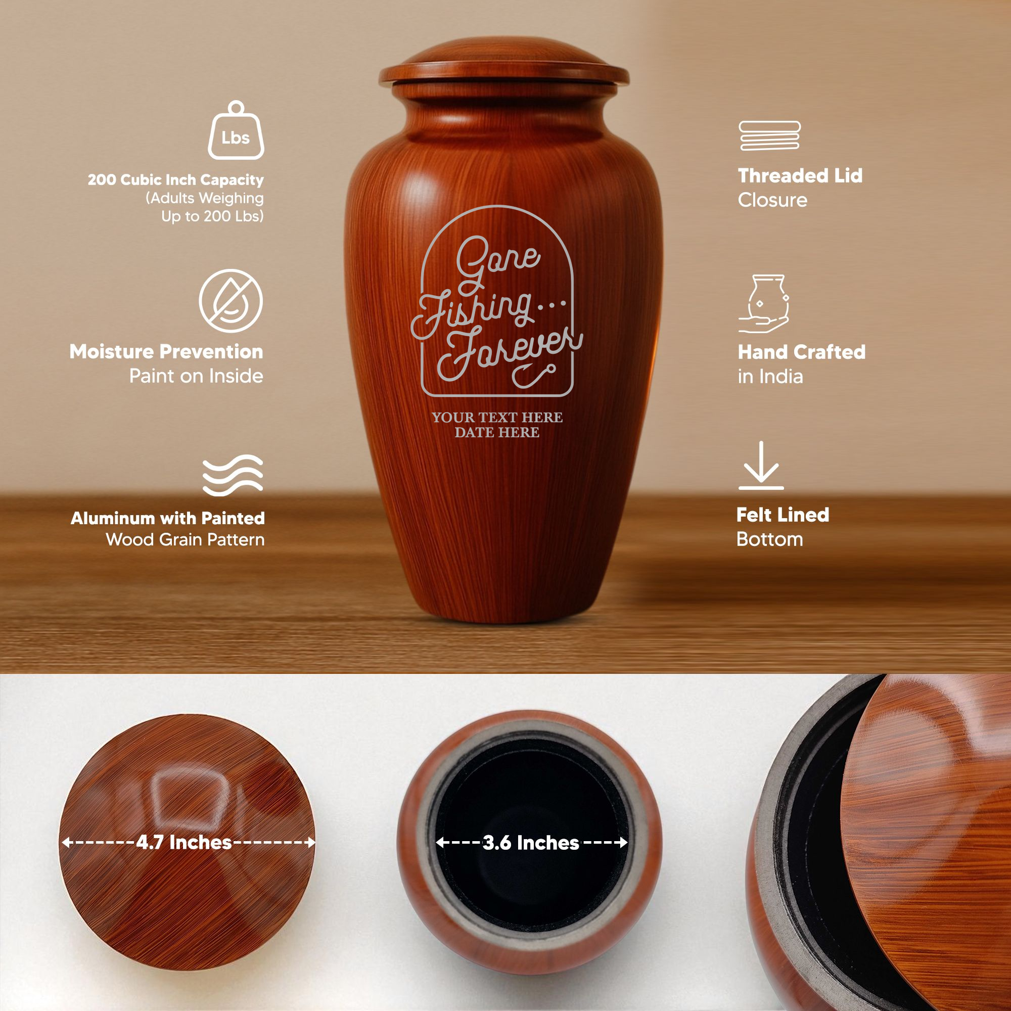 Human Cremation Urn - 200 Cubic Inch - Ingrained Wood Style Finish | Fisherman Tribute