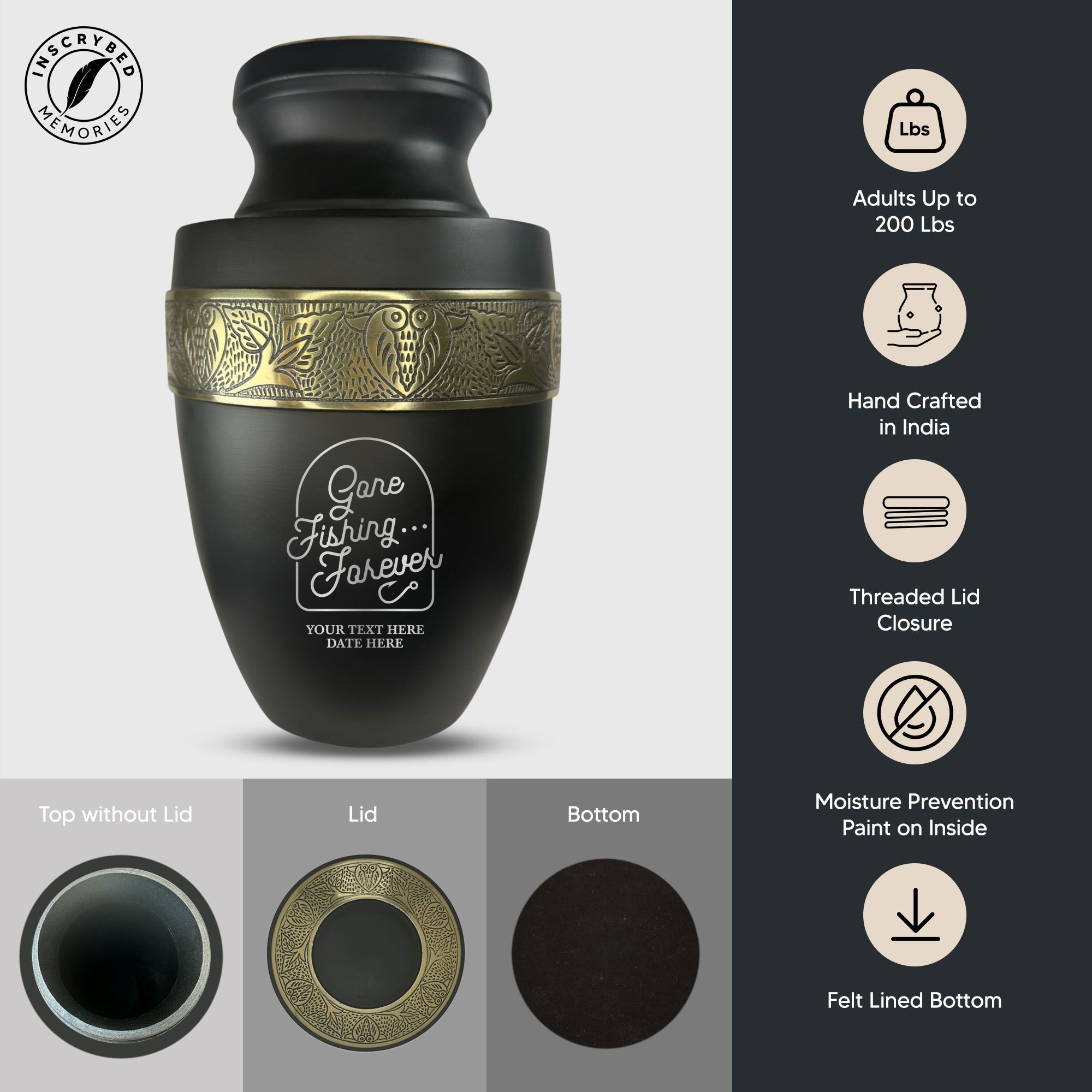 Elite Human Cremation Urn – 200 Cubic Inch – Aluminum with Gold Inlay | Fisherman Tribute