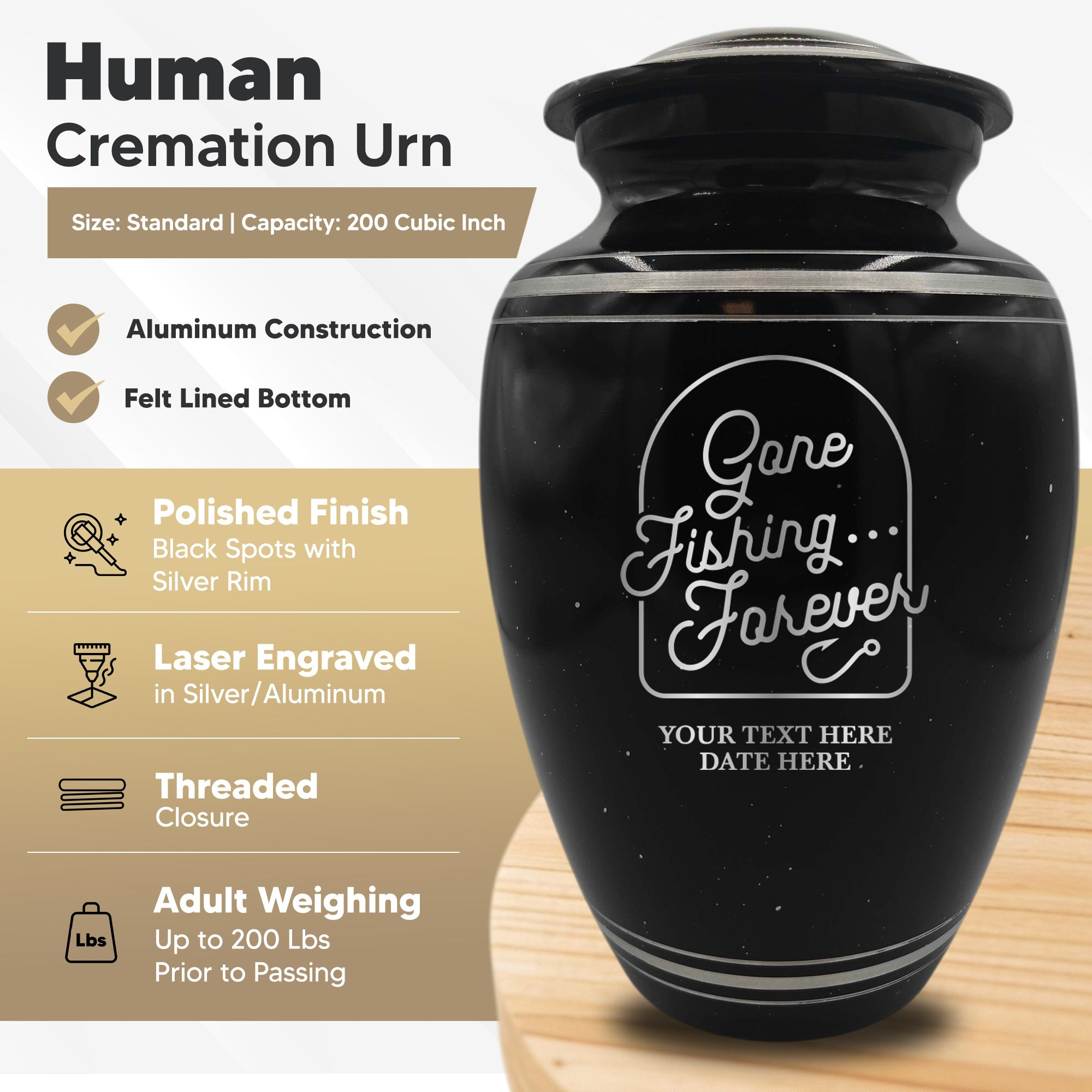 Spotted Black Aluminum with Silver Rim Human Cremation Urn - 200 Cubic Inch | Fisherman Tribute