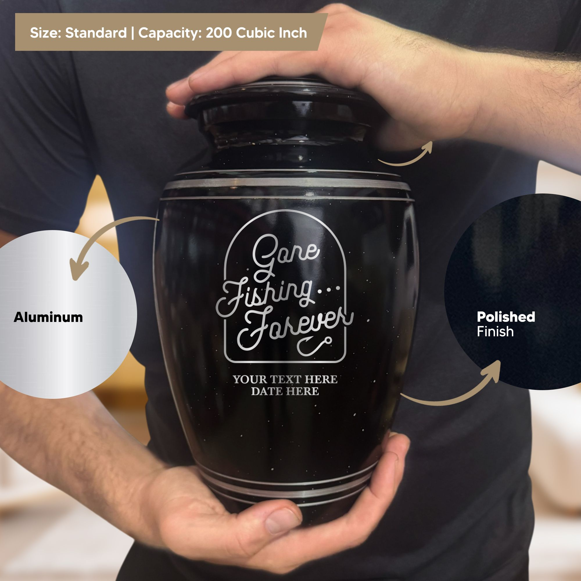 Spotted Black Aluminum with Silver Rim Human Cremation Urn - 200 Cubic Inch | Fisherman Tribute