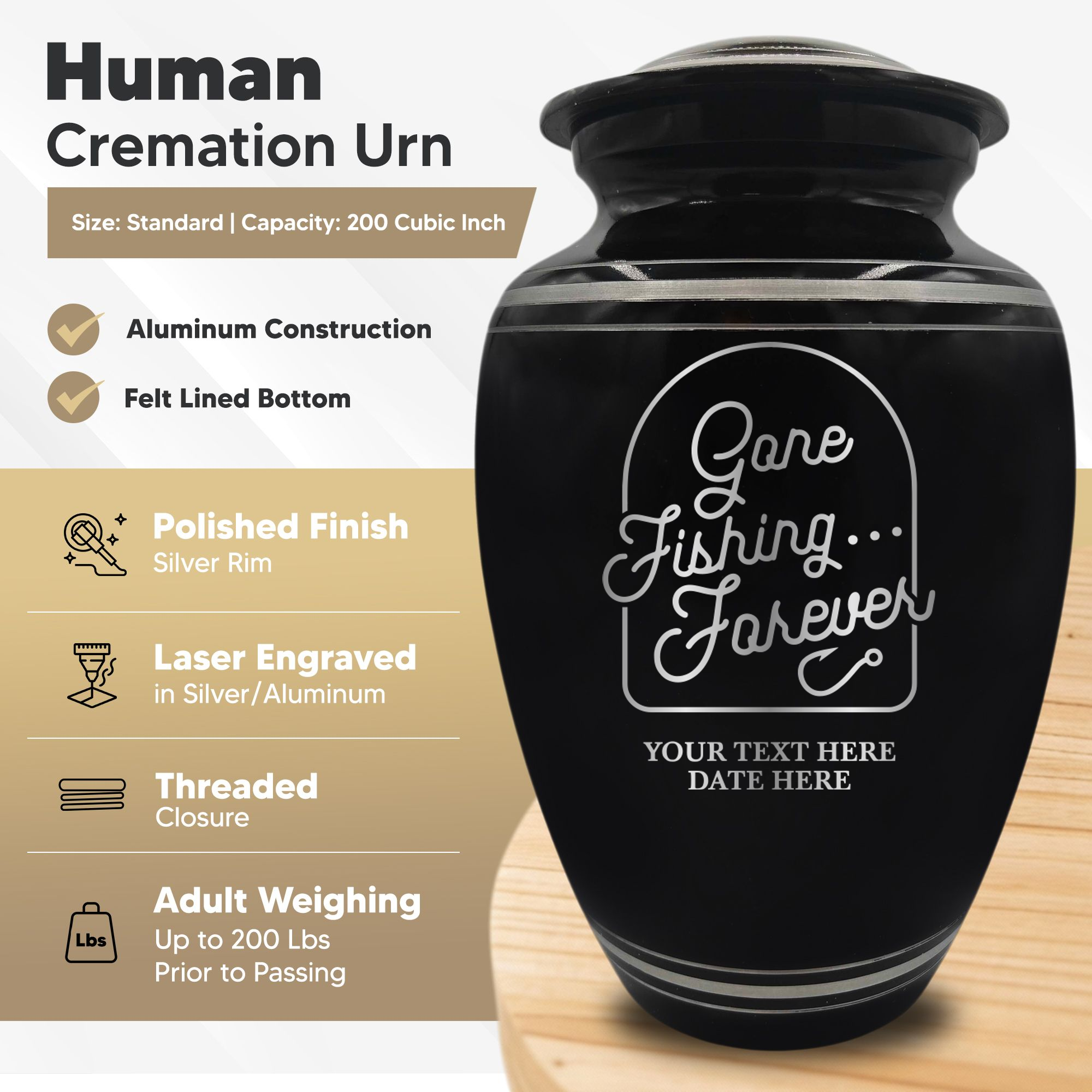 Polished Aluminum with Silver Rim Human Cremation Urn - 200 Cubic Inch | Fisherman Tribute