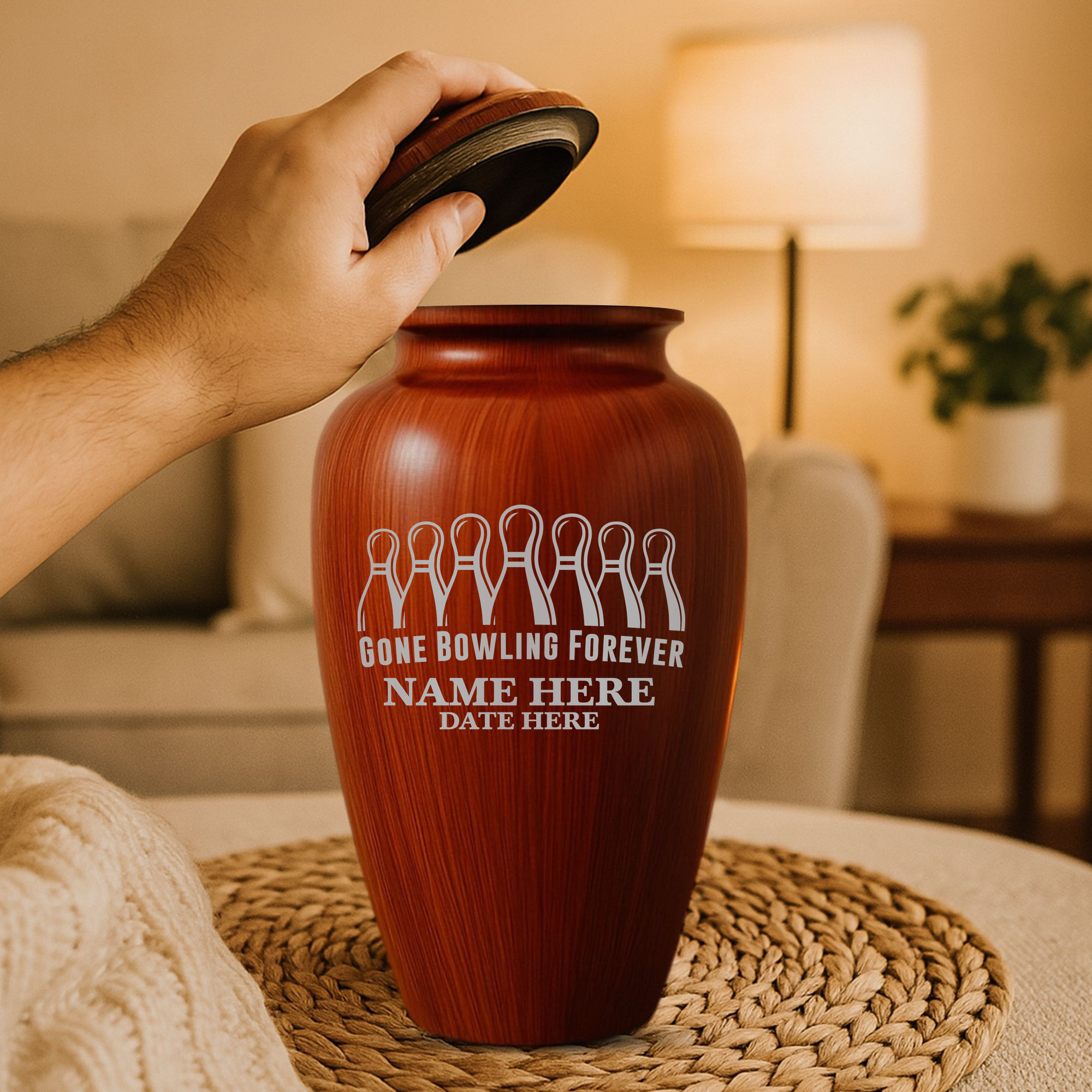 Human Cremation Urn - 200 Cubic Inch - Ingrained Wood Style Finish | Gone Bowling Tribute