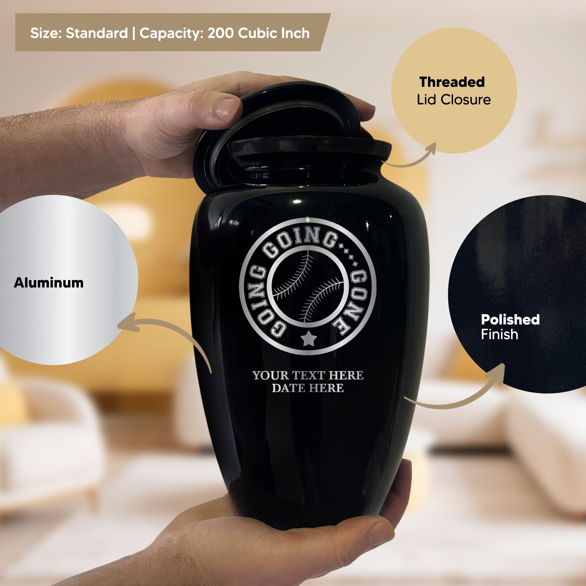 Polished Black Aluminum Human Cremation Urn - 200 Cubic Inch | Funny Baseball Memorial