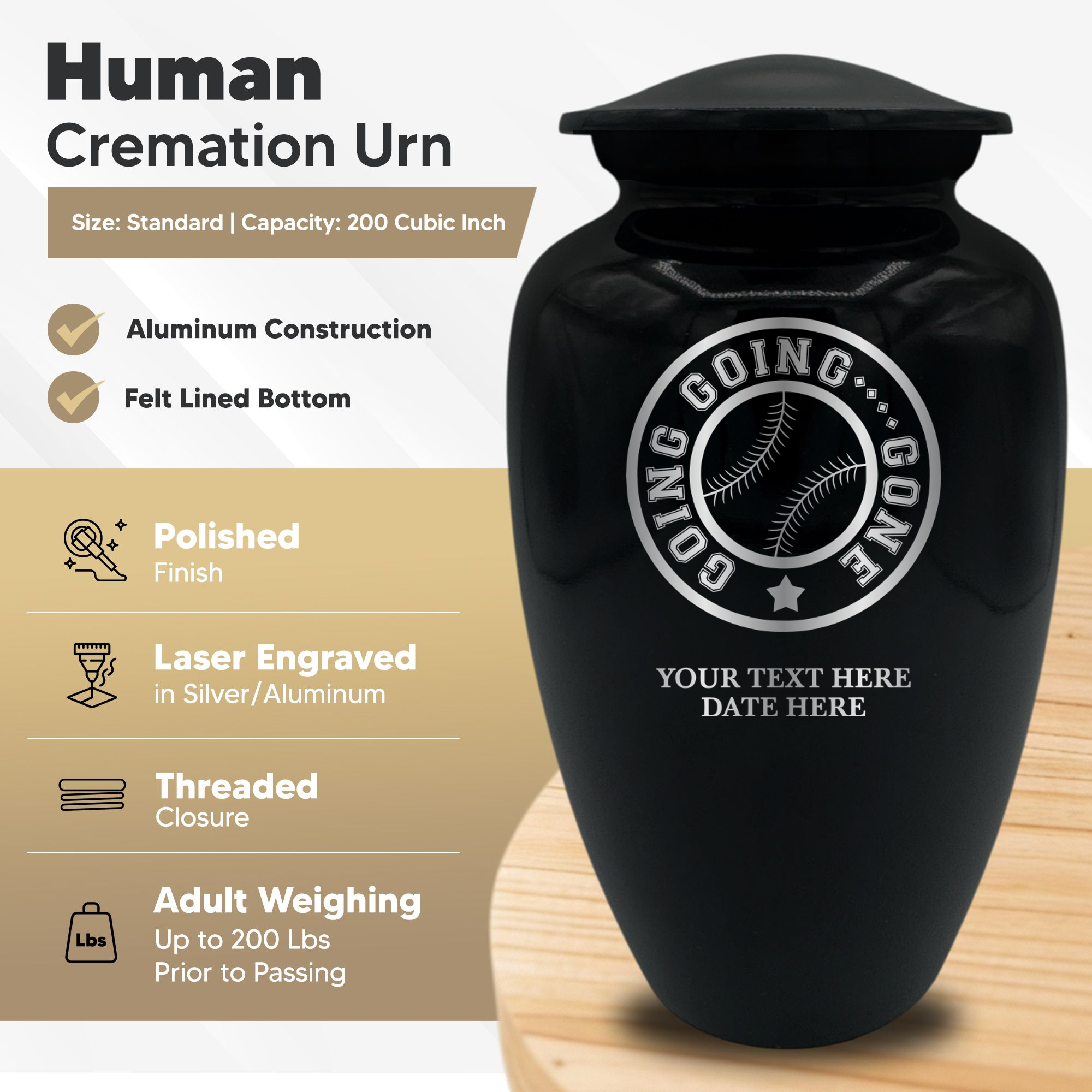 Polished Black Aluminum Human Cremation Urn - 200 Cubic Inch | Funny Baseball Memorial
