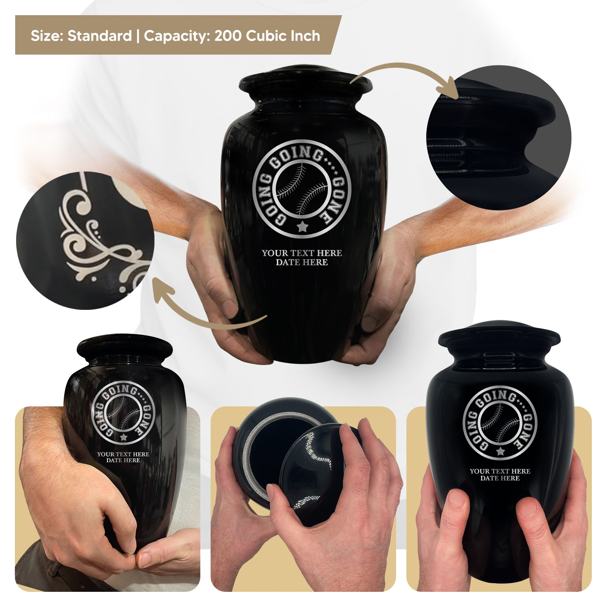 Polished Black Aluminum Human Cremation Urn - 200 Cubic Inch | Funny Baseball Memorial