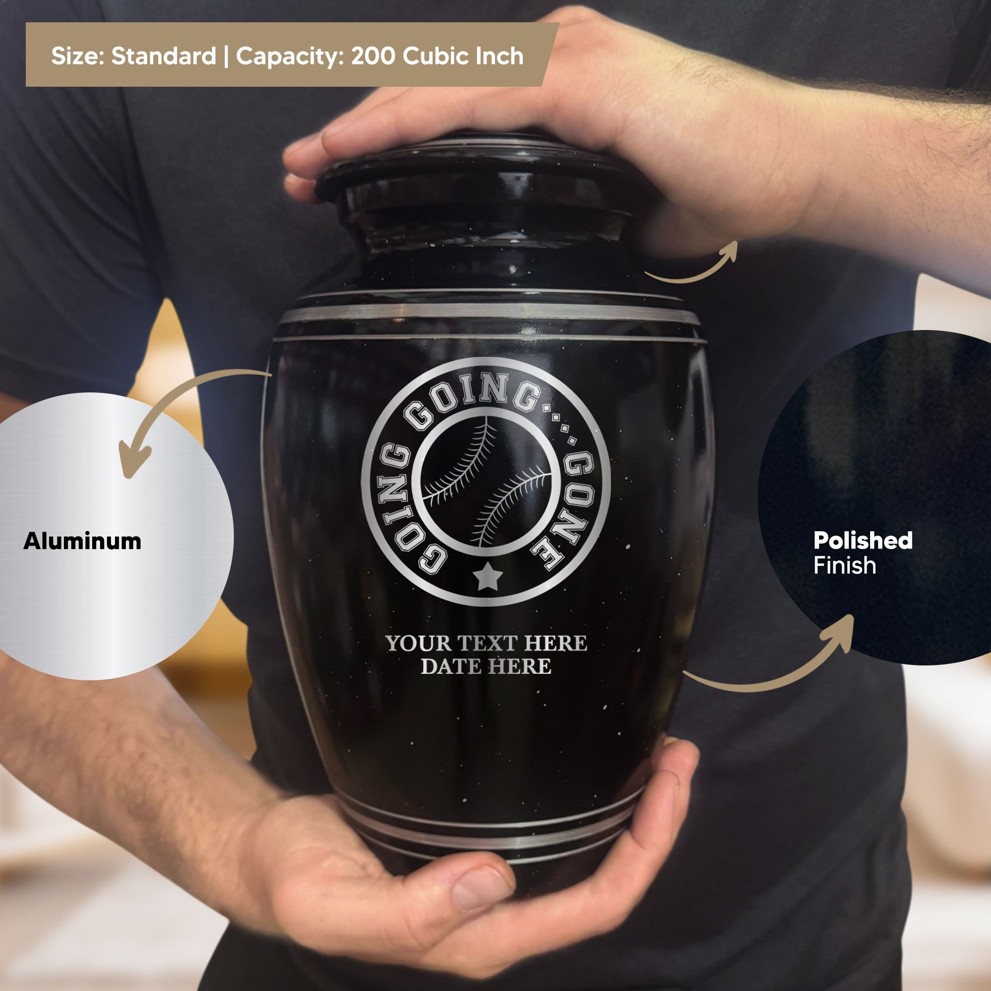 Spotted Black Aluminum with Silver Rim Human Cremation Urn - 200 Cubic Inch | Funny Baseball Memorial