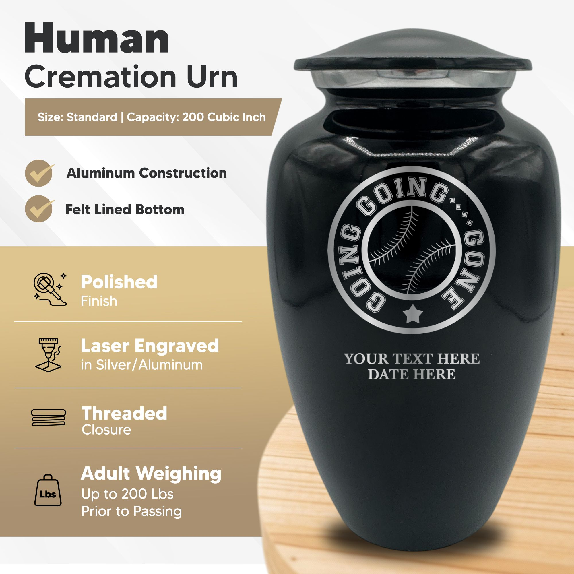 Splendor Human Cremation Urn - 200 Cubic Inch Capacity - Metal | Funny Baseball Memorial