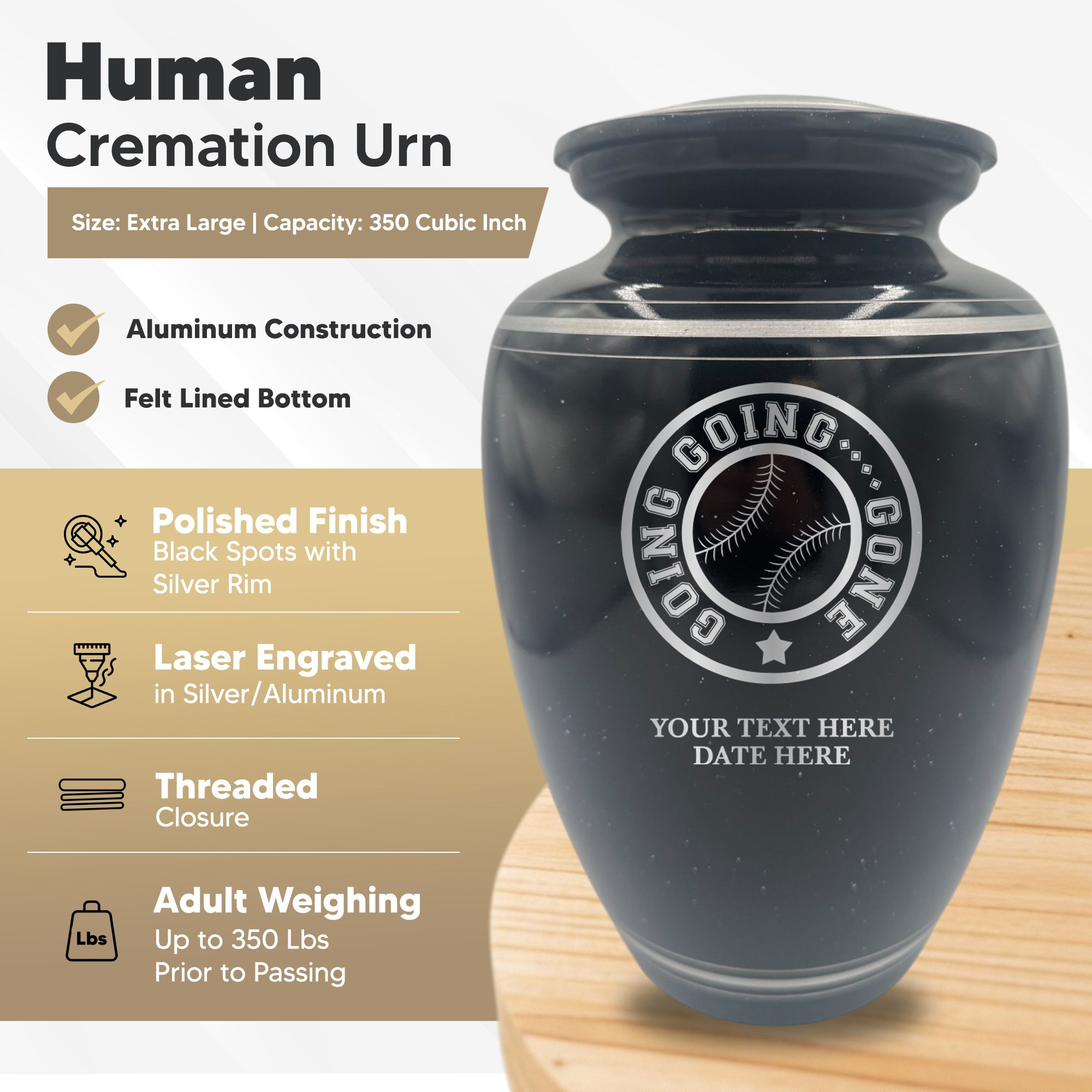 Extra Large Human Cremation Urn - 350 Cubic Inch - Black Spotted Finish with Silver Rim | Funny Baseball Memorial