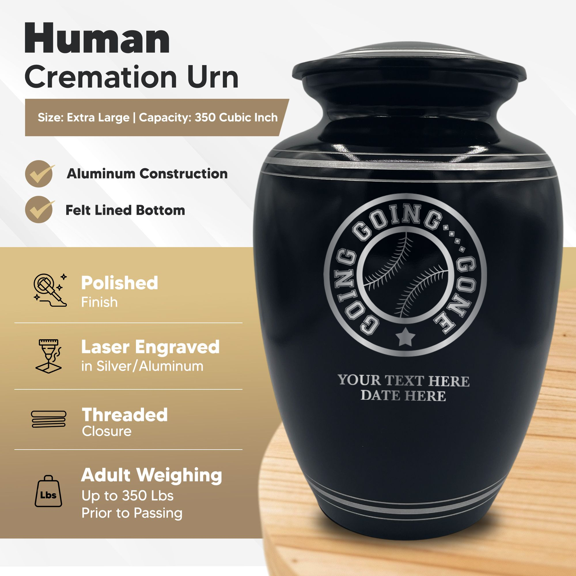 Human Cremation Urn - 350 Cubic Inch Capacity - Black with Silver Rim | Funny Baseball Memorial