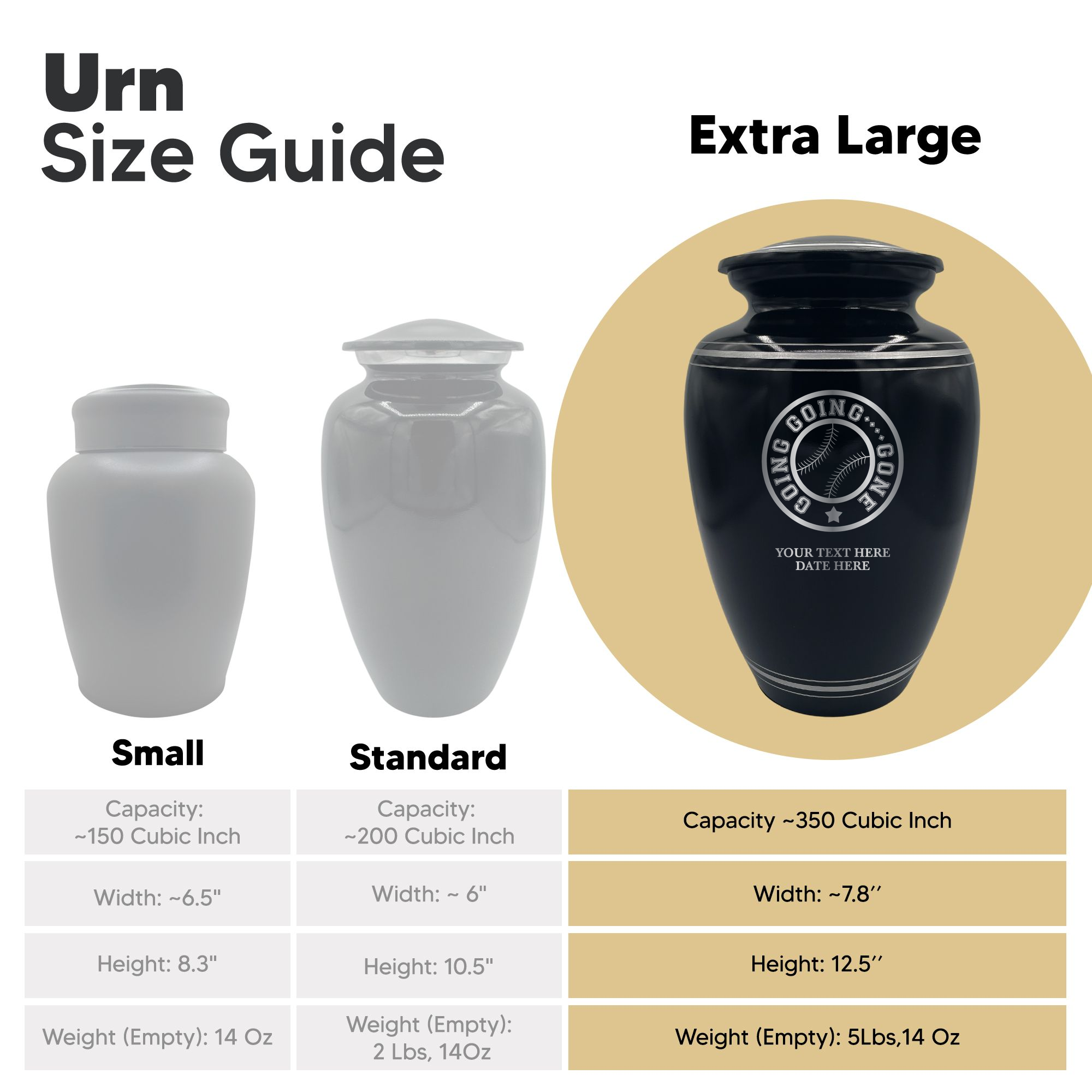 Human Cremation Urn - 350 Cubic Inch Capacity - Black with Silver Rim | Funny Baseball Memorial