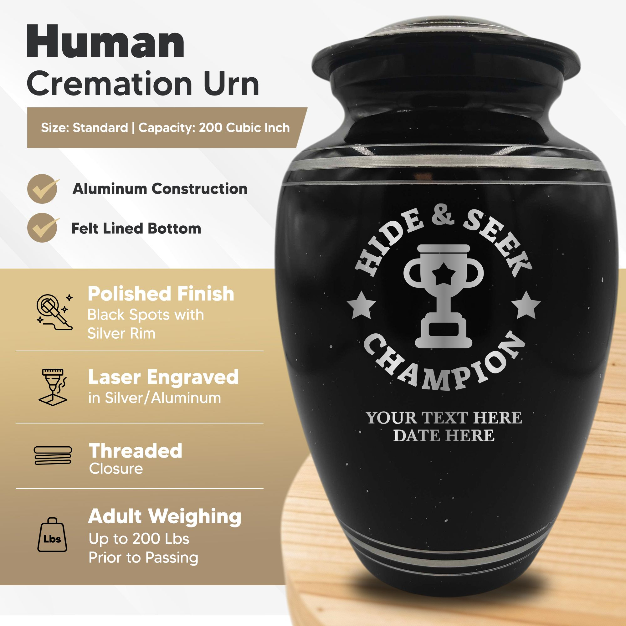 Spotted Black Aluminum with Silver Rim Human Cremation Urn - 200 Cubic Inch | Afterlife Humor