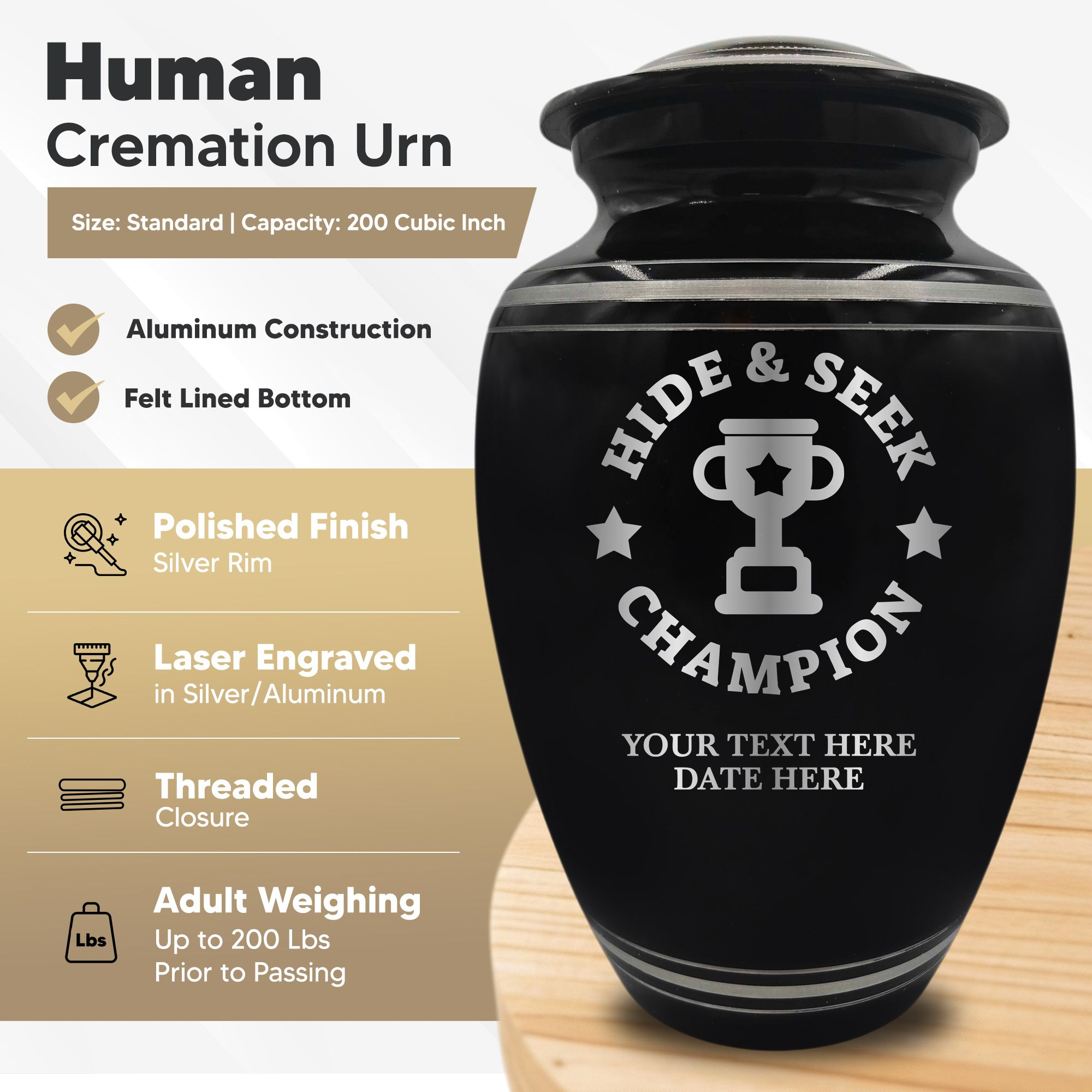 Polished Aluminum with Silver Rim Human Cremation Urn - 200 Cubic Inch | Afterlife Humor