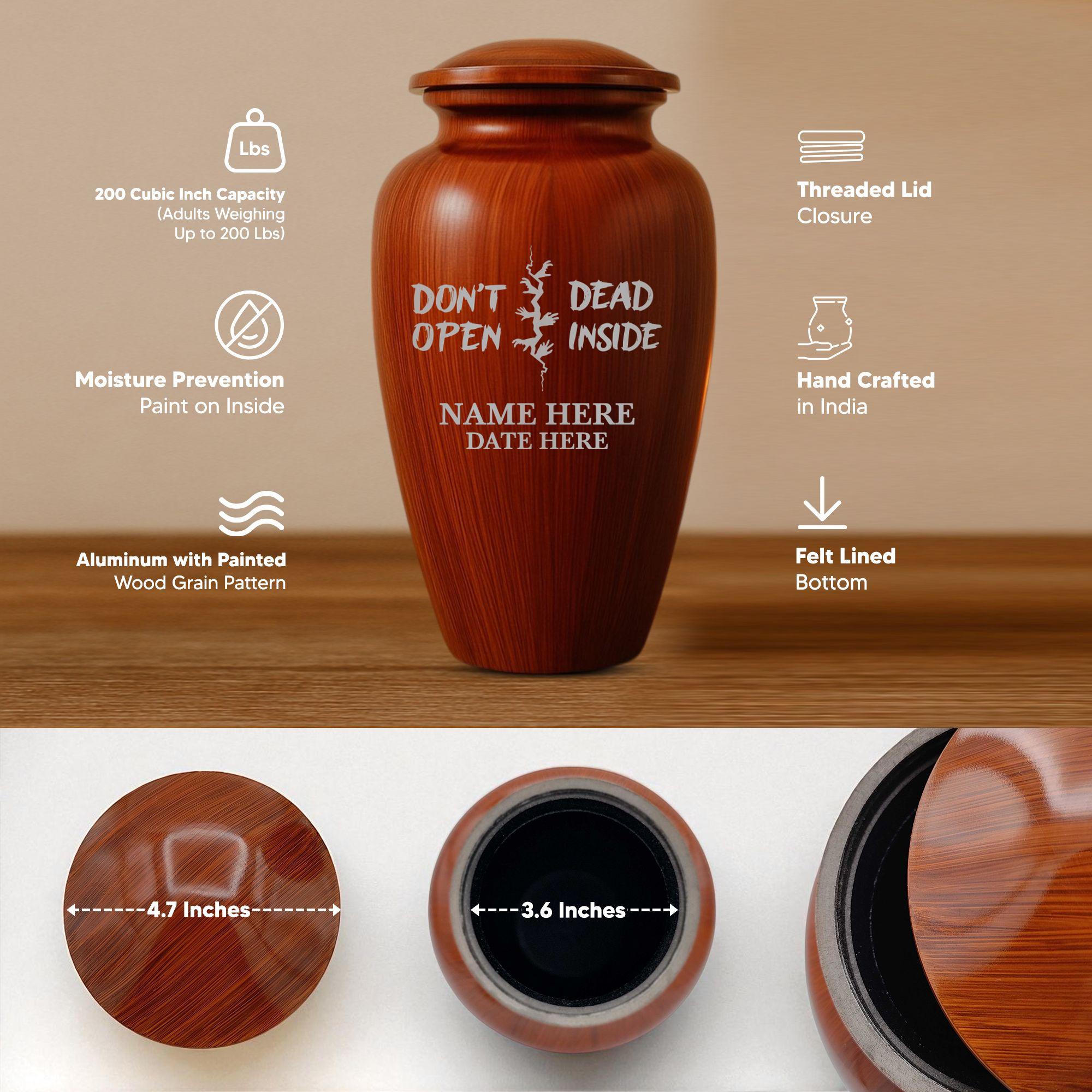 Human Cremation Urn - 200 Cubic Inch - Ingrained Wood Style Finish | Pop Culture Humor