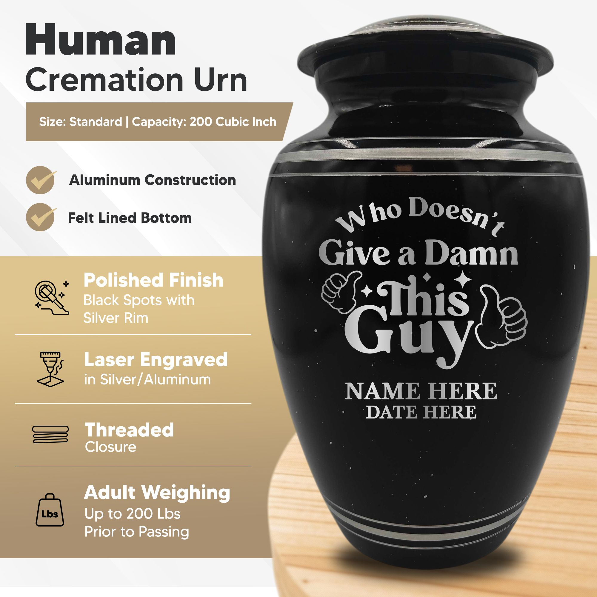 Spotted Black Aluminum with Silver Rim Human Cremation Urn - 200 Cubic Inch | Dark Humor