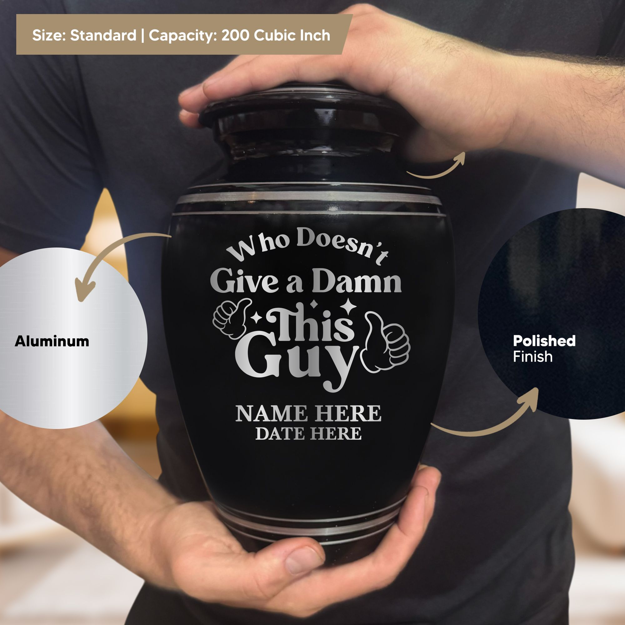Polished Aluminum with Silver Rim Human Cremation Urn - 200 Cubic Inch | Dark Humor