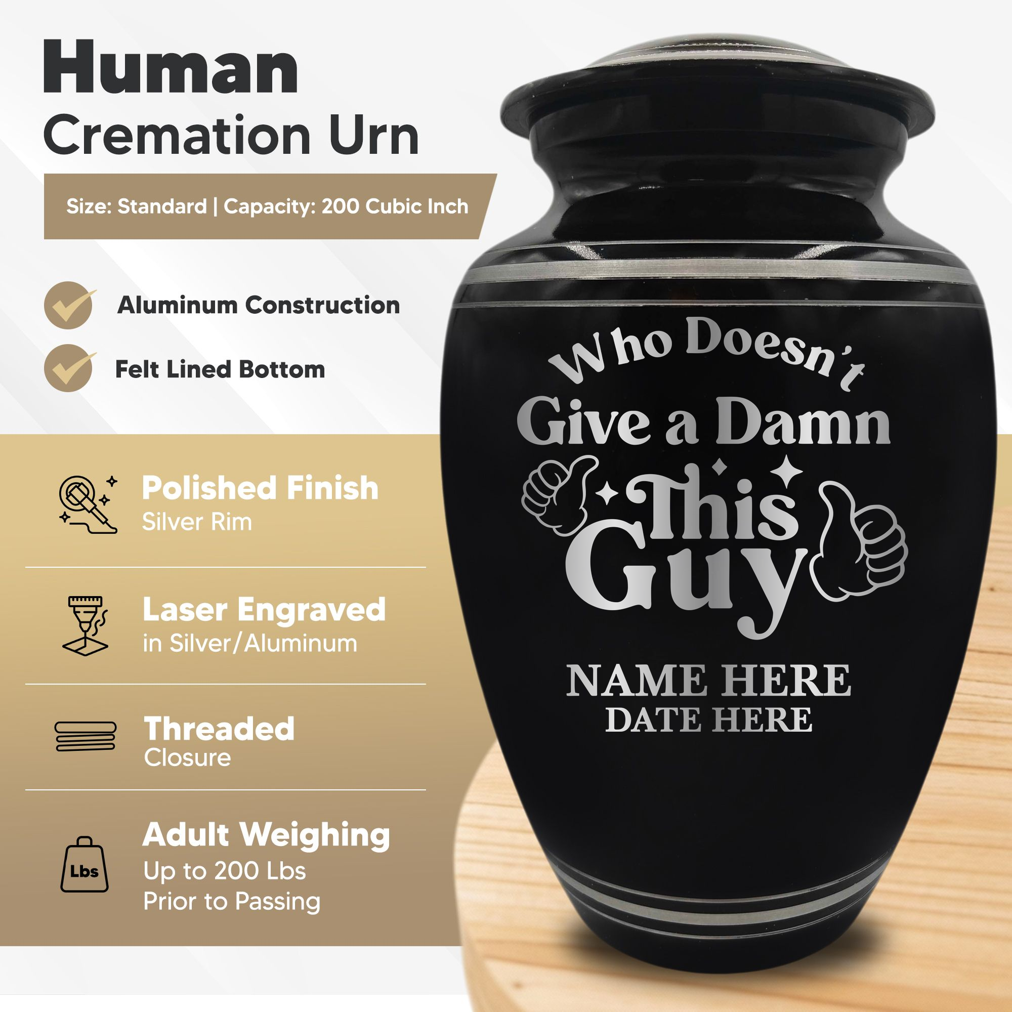Polished Aluminum with Silver Rim Human Cremation Urn - 200 Cubic Inch | Dark Humor
