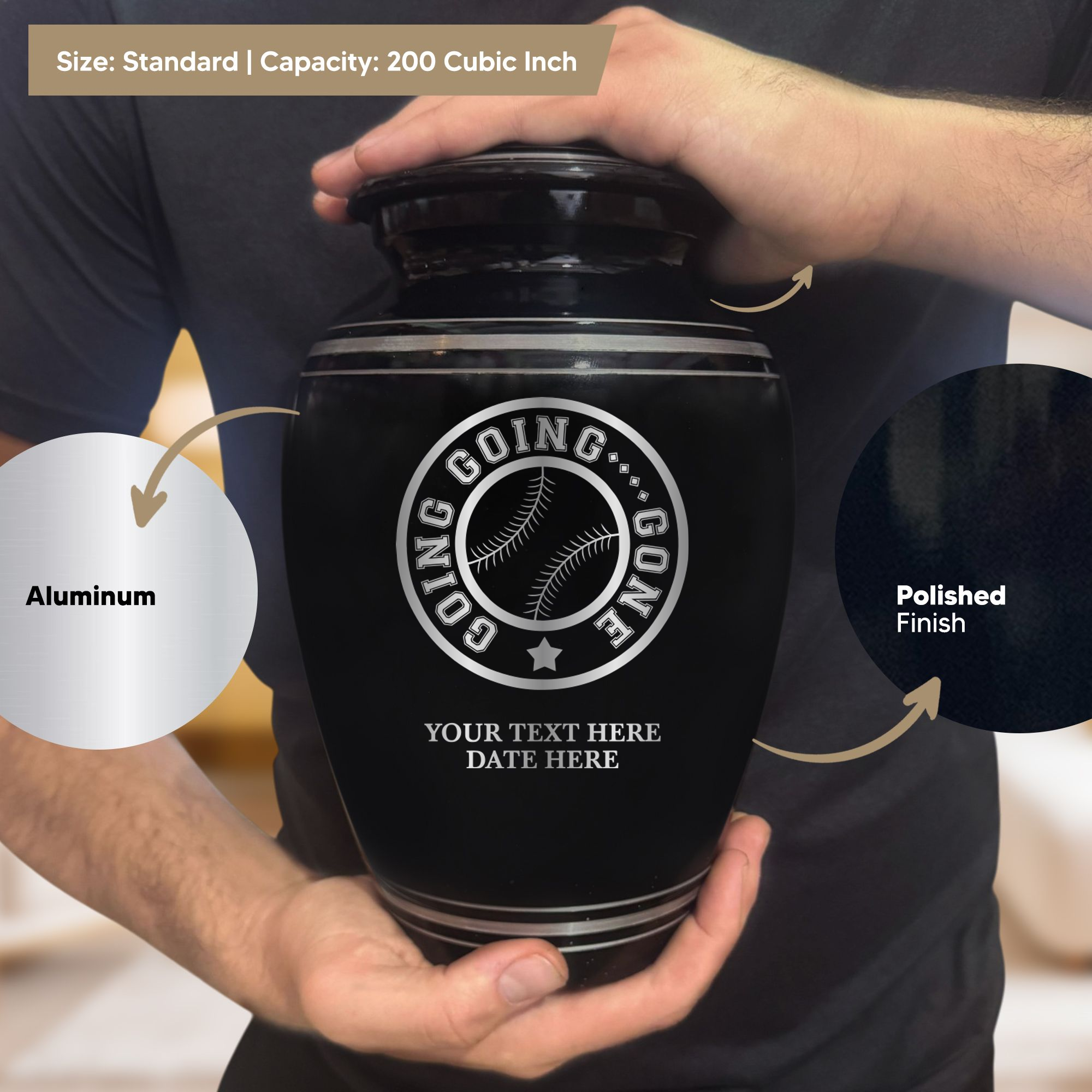 Polished Aluminum with Silver Rim Human Cremation Urn - 200 Cubic Inch | Funny Baseball Memorial
