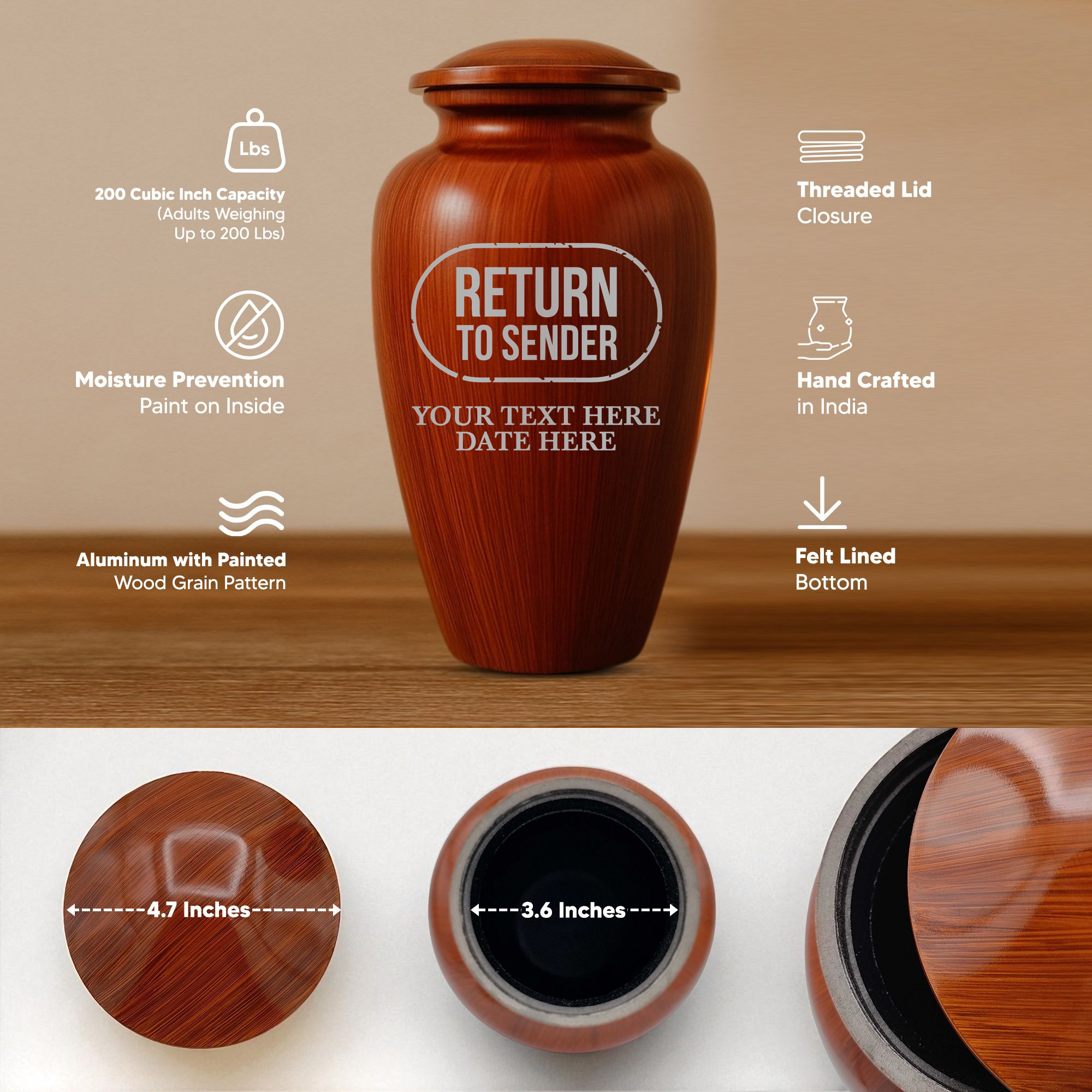 Human Cremation Urn - 200 Cubic Inch - Ingrained Wood Style Finish | Office Humor
