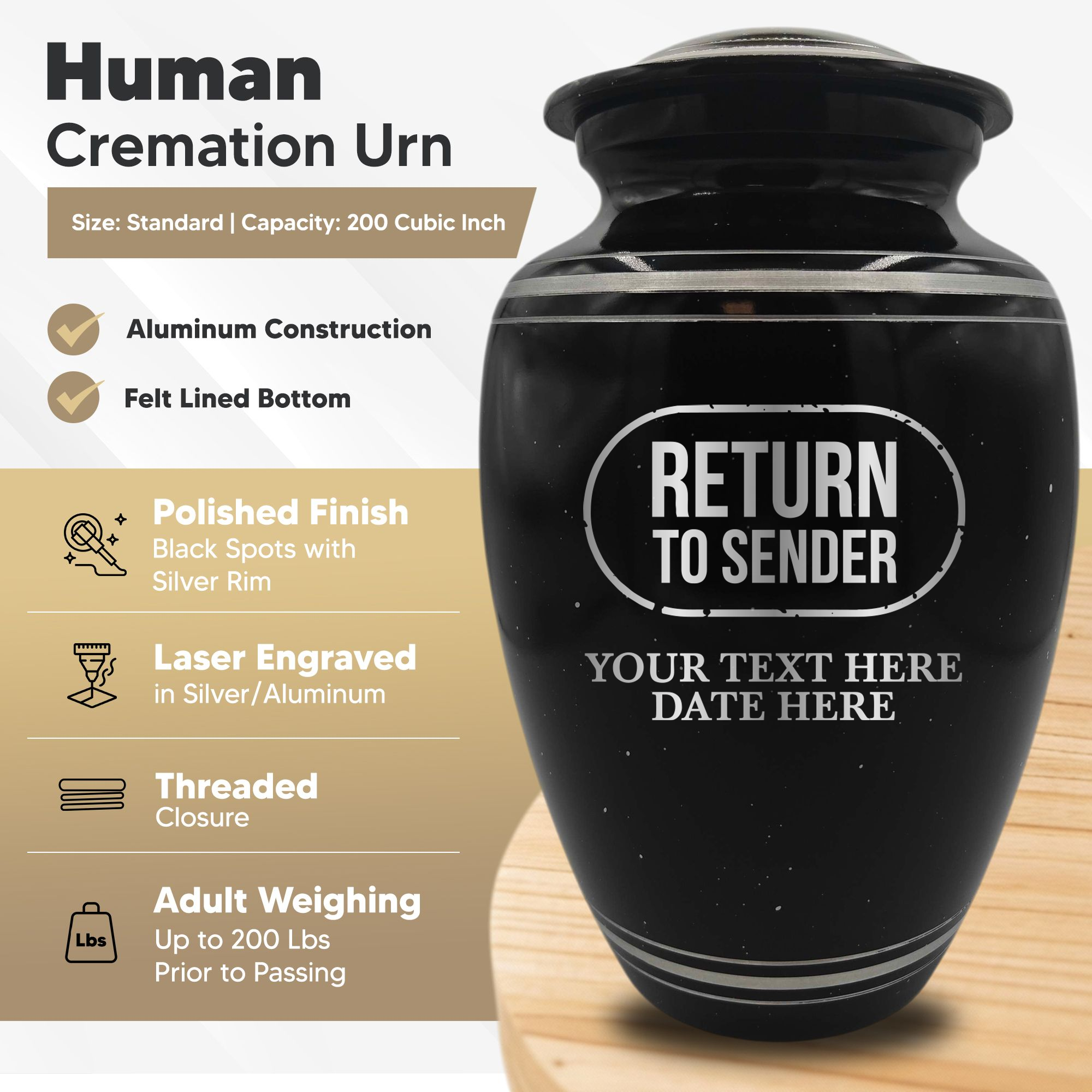 Spotted Black Aluminum with Silver Rim Human Cremation Urn - 200 Cubic Inch | Office Humor