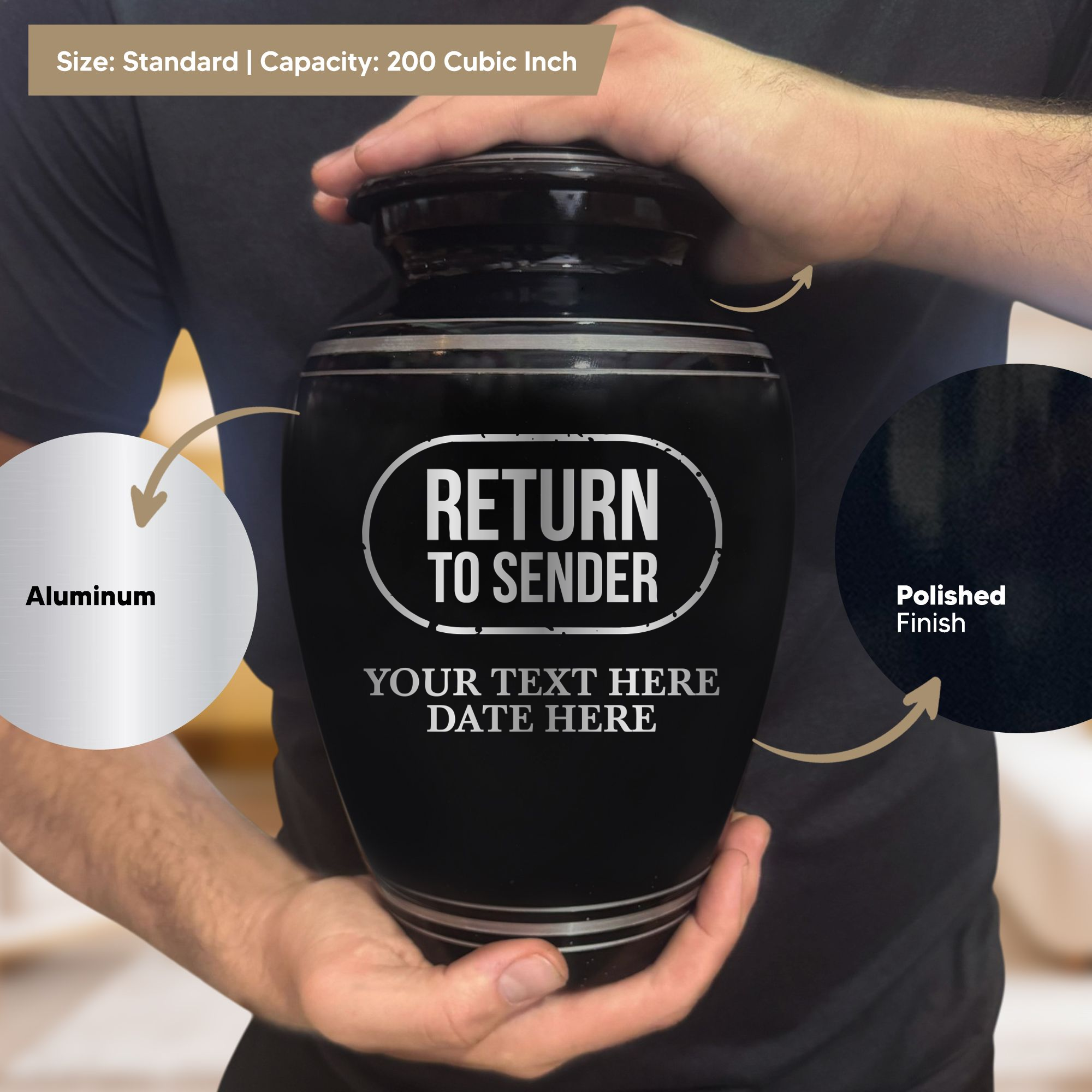 Polished Aluminum with Silver Rim Human Cremation Urn - 200 Cubic Inch | Office Humor