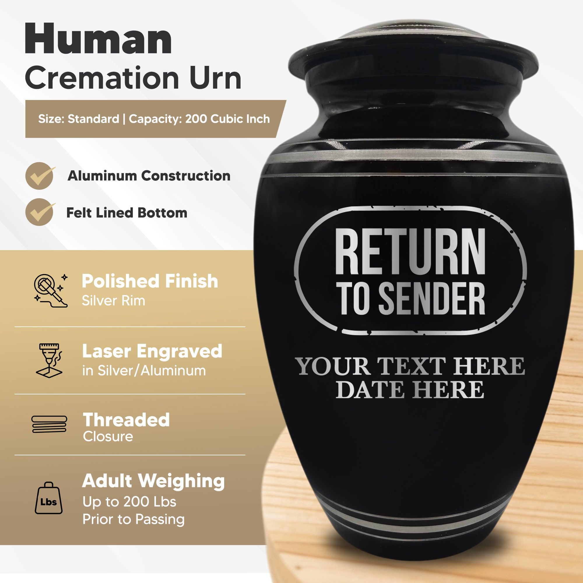 Polished Aluminum with Silver Rim Human Cremation Urn - 200 Cubic Inch | Office Humor