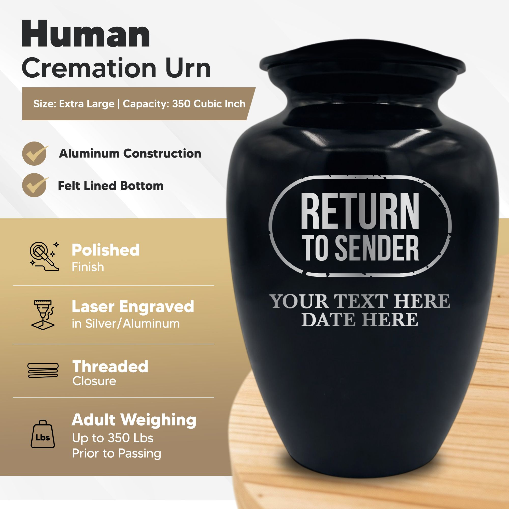 Polished Extra Large Human Cremation Urn 350 Cubic Inch - Engraved Aluminum | Office Humor