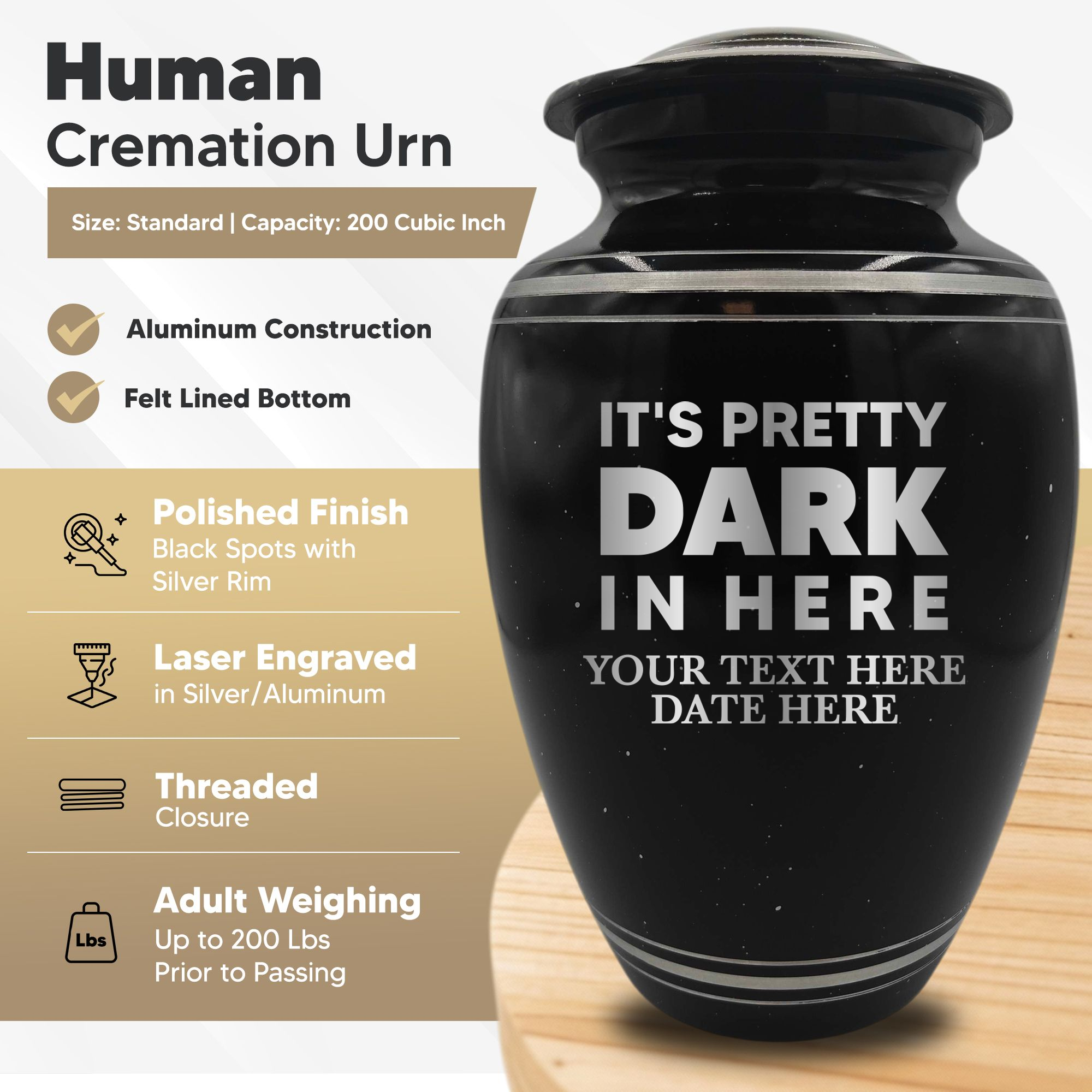 Spotted Black Aluminum with Silver Rim Human Cremation Urn - 200 Cubic Inch | Just Funny Memorial
