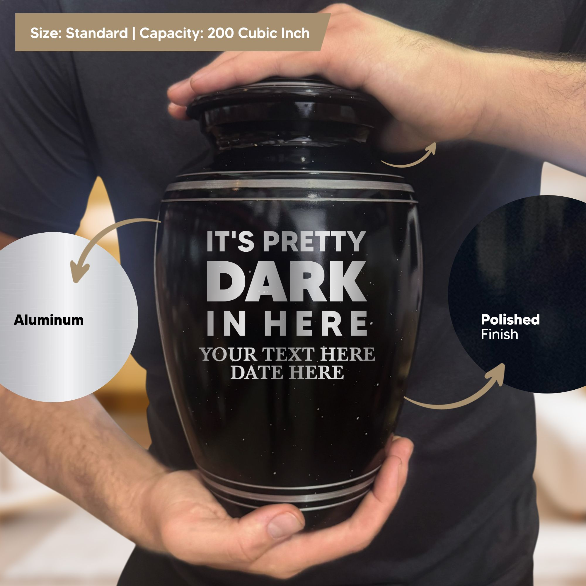 Spotted Black Aluminum with Silver Rim Human Cremation Urn - 200 Cubic Inch | Just Funny Memorial
