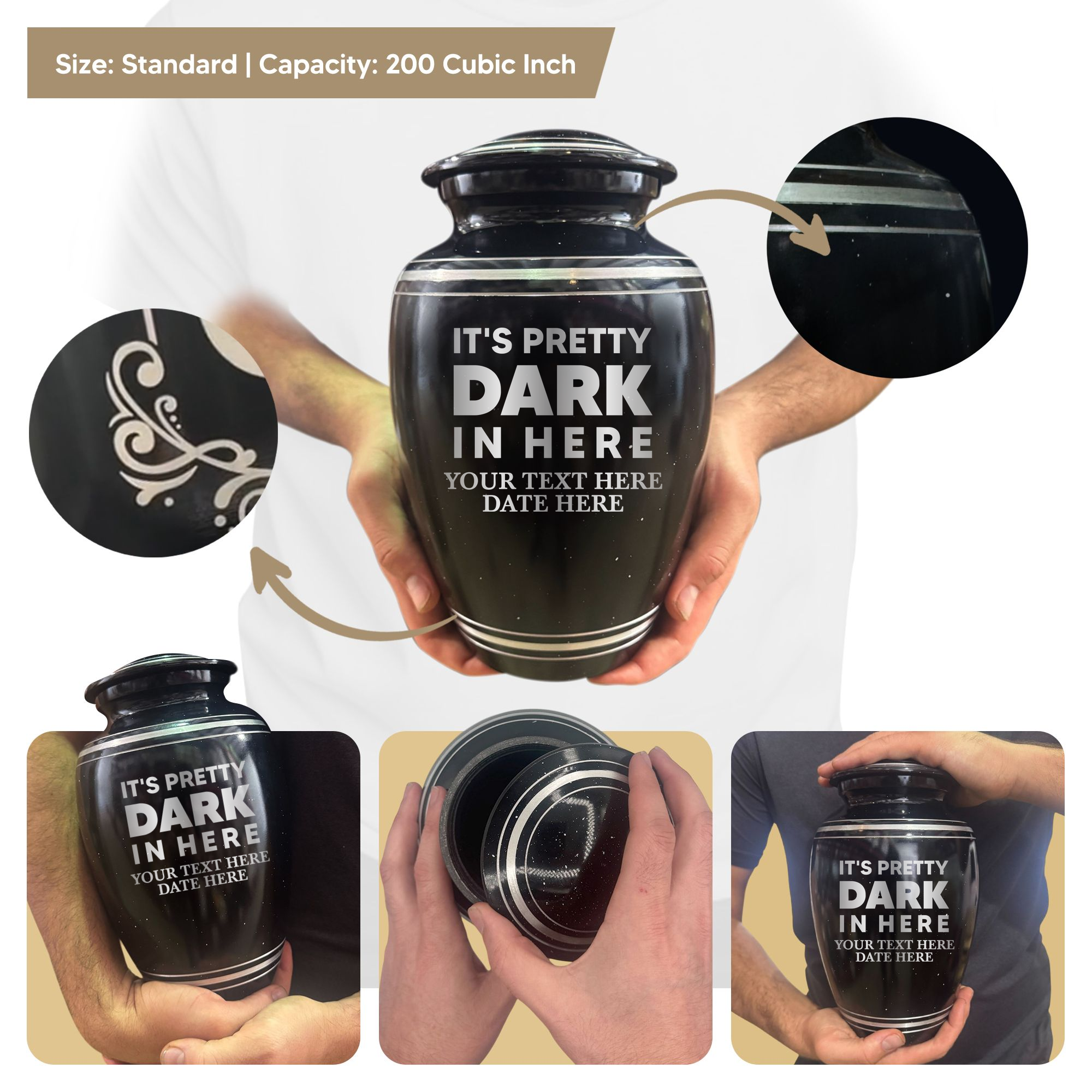 Spotted Black Aluminum with Silver Rim Human Cremation Urn - 200 Cubic Inch | Just Funny Memorial