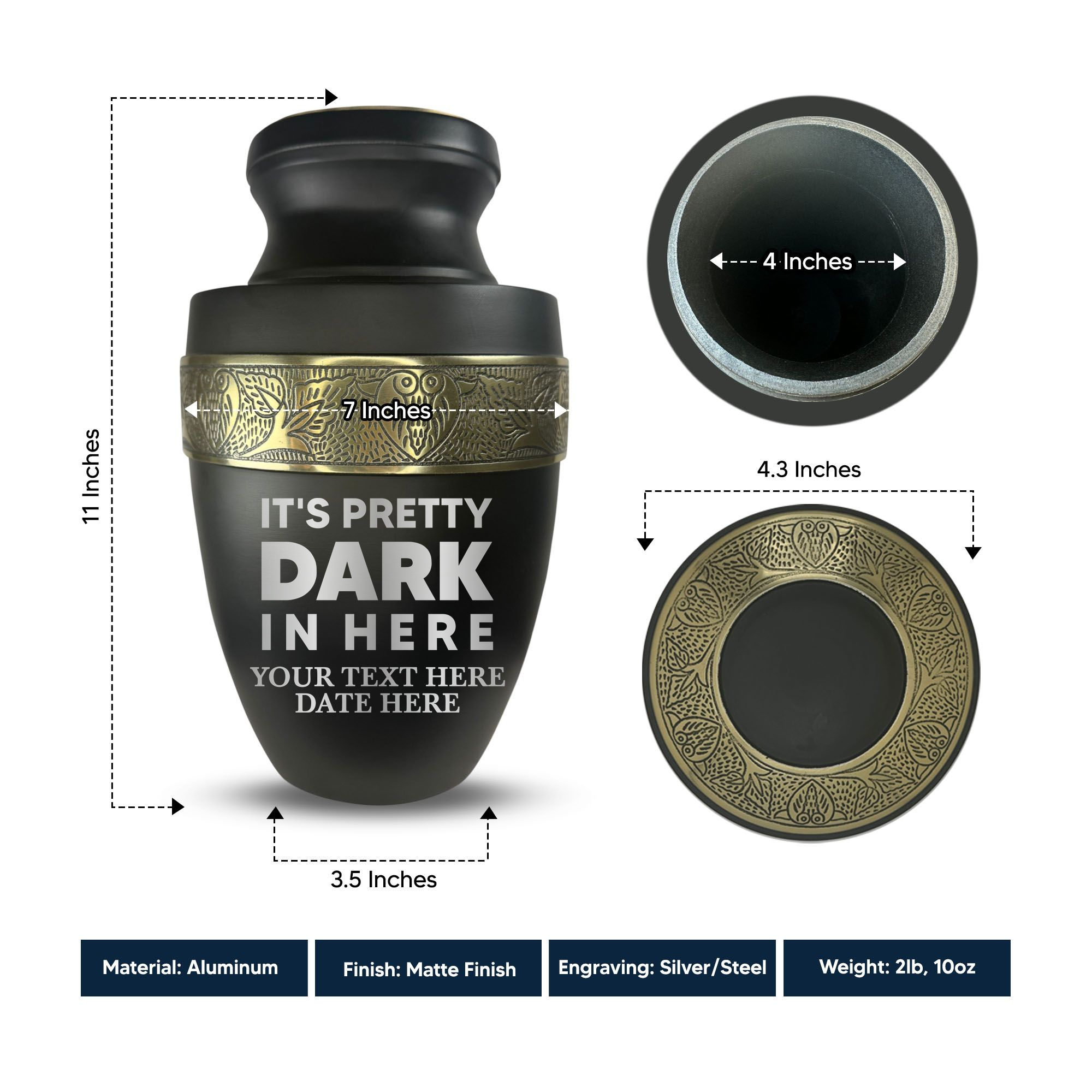 Elite Human Cremation Urn - 200 Cubic Inch - Aluminum with Gold Inlay | Just Funny Memorial
