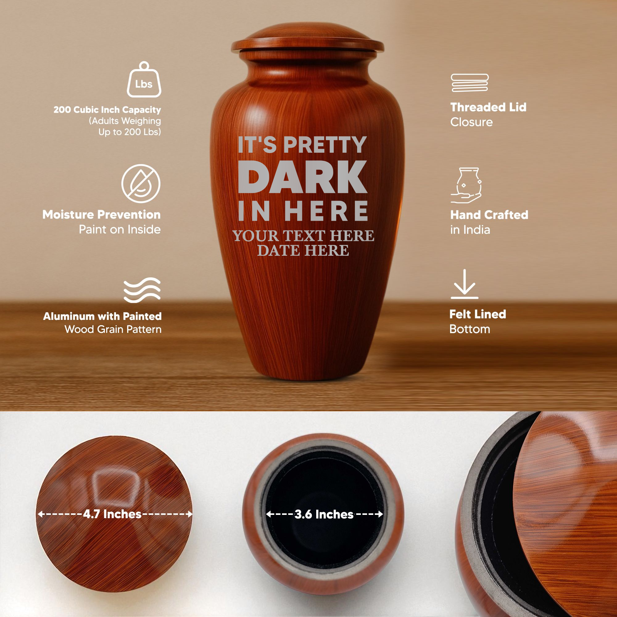 Human Cremation Urn - 200 Cubic Inch - Ingrained Wood Style Finish | Just Funny Memorial