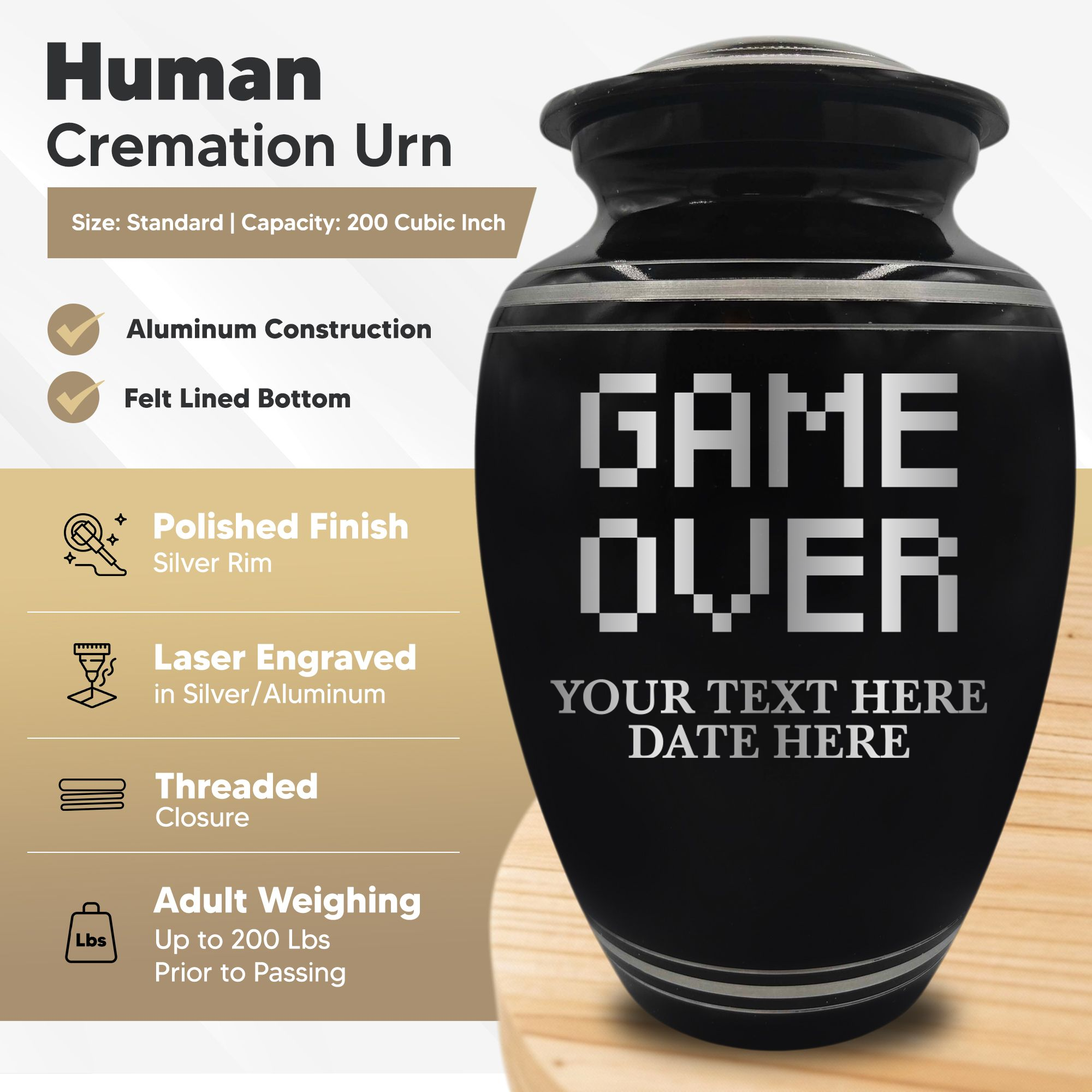 Polished Aluminum with Silver Rim Human Cremation Urn - 200 Cubic Inch | Gaming Memorial